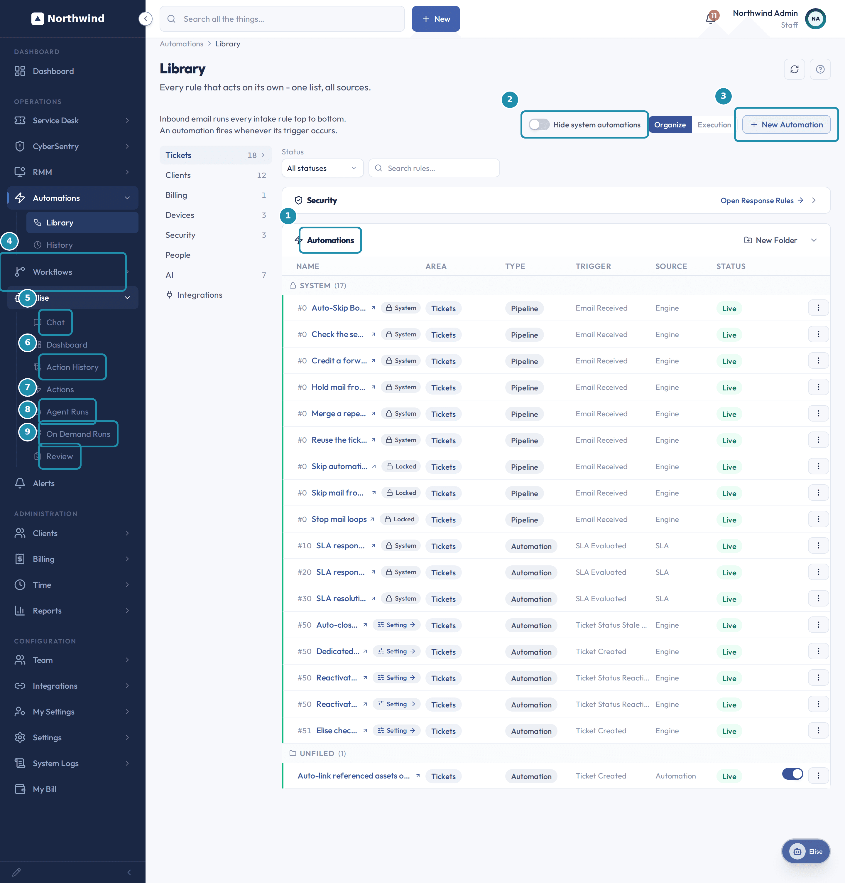 The Automations > Library page with the Automations, Workflows, and Elise sidebar groups expanded, and a numbered teal badge on the Library list, the Hide system automations control, the New Automation button, and the Workflows, Chat, Action History, Agent Runs, On Demand Runs, and Review sidebar entries.