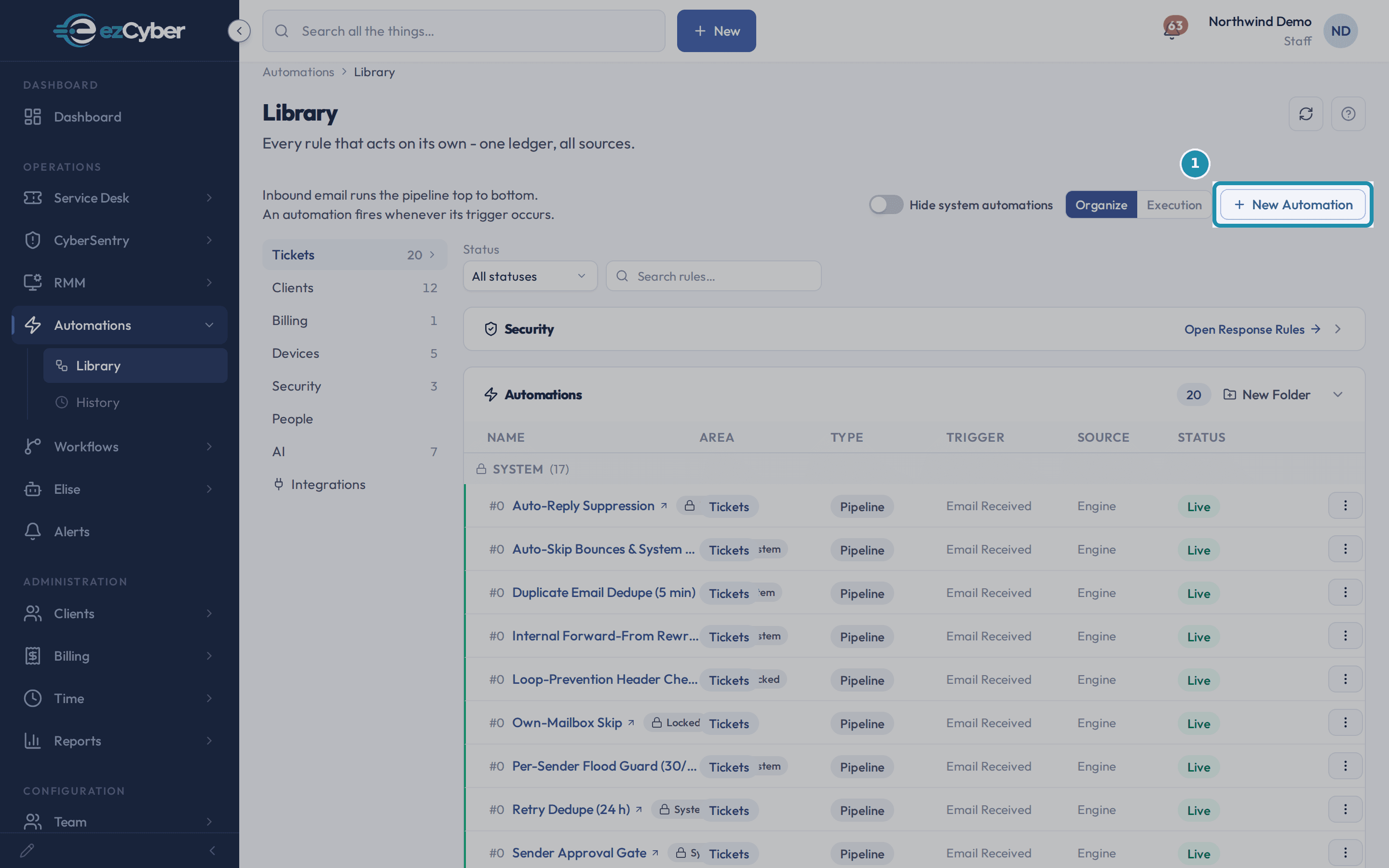 The Automations Library page with a teal box around the New Automation button in the top right.