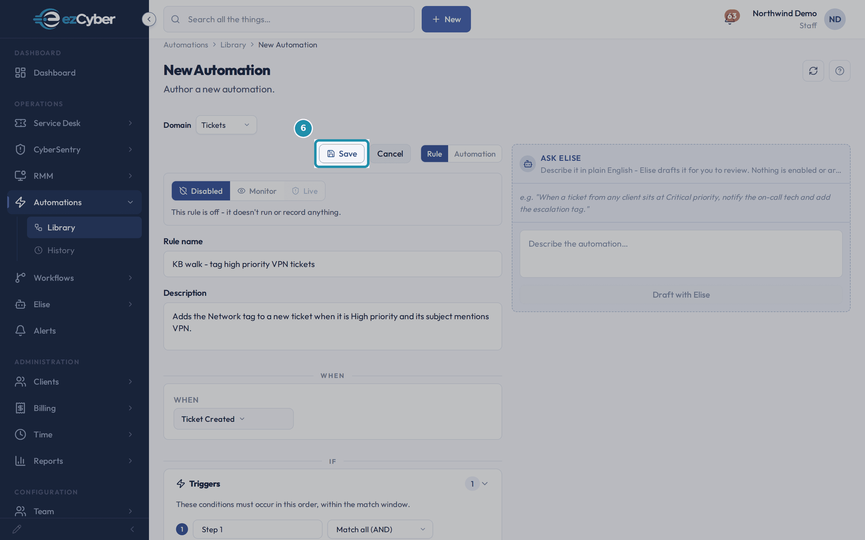 The New Automation form with a teal box around the Save button, mode still set to Disabled.