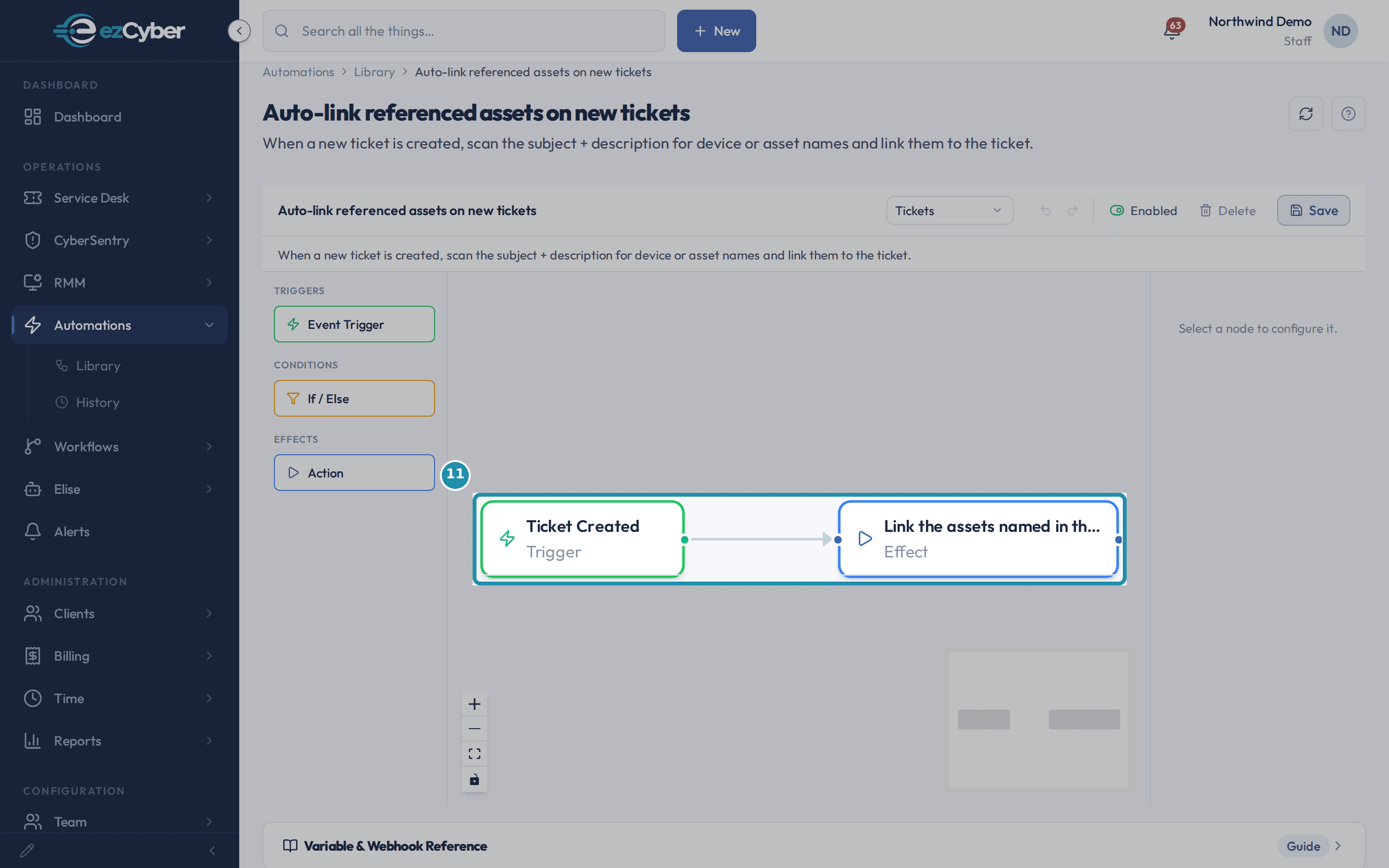 The canvas editor for Auto-link referenced assets on new tickets, with a teal box around its Trigger and Effect nodes and the arrow joining them.