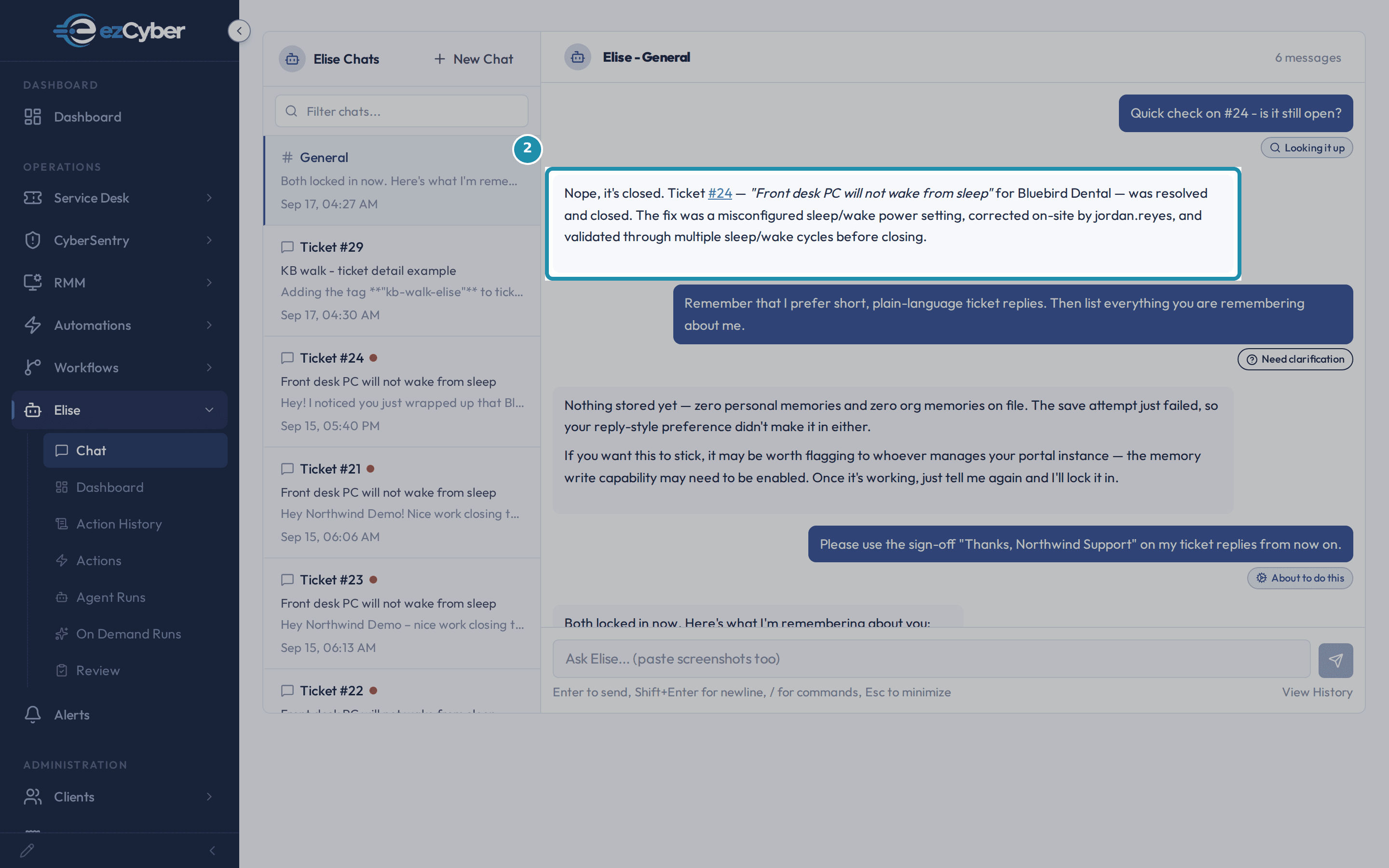 Elise's reply in the General chat, with a teal box around the answer naming Ticket #24, Front desk PC will not wake from sleep, for Bluebird Dental, resolved and closed.
