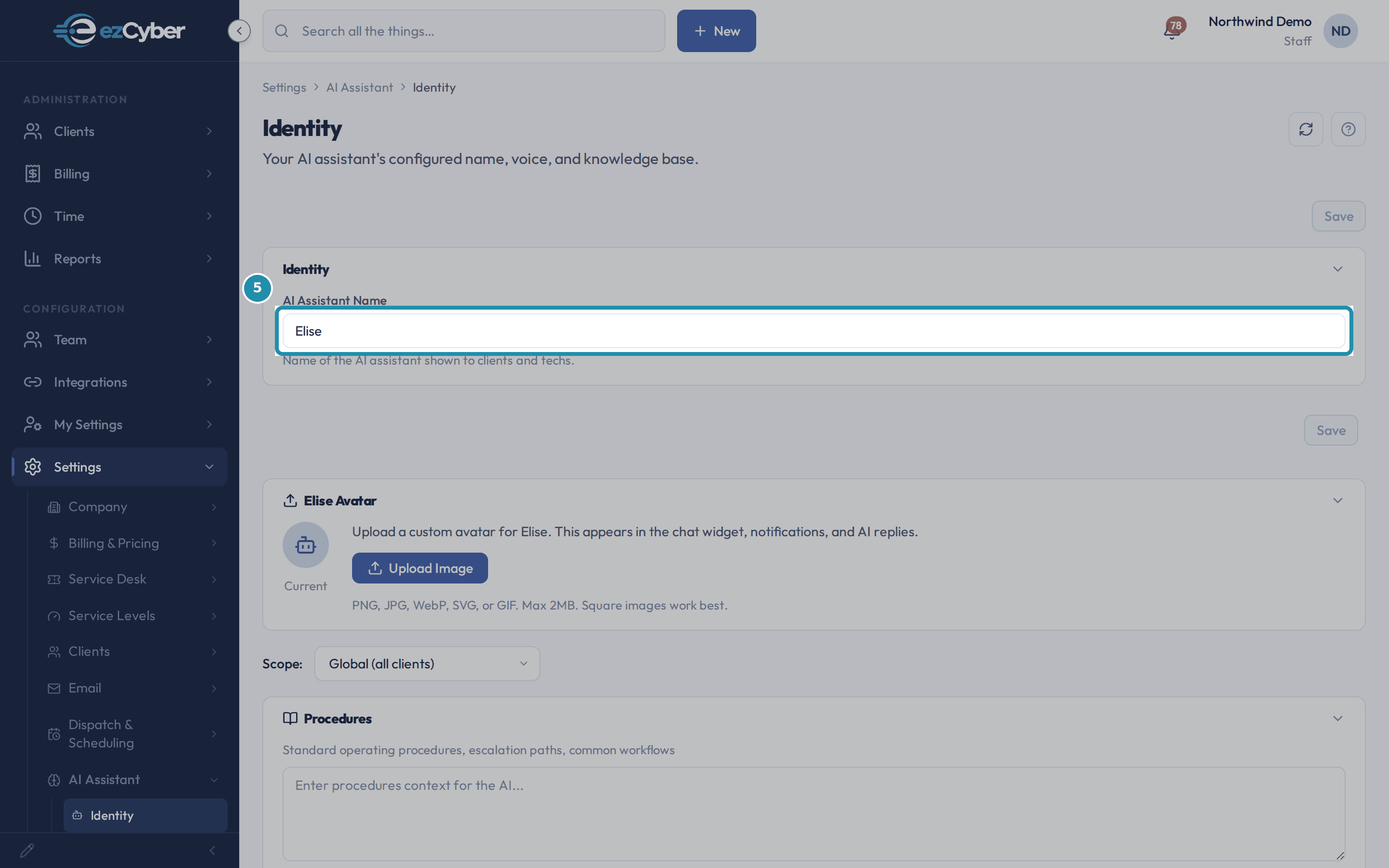The Identity settings page with a teal box around the AI Assistant Name field, set to Elise.