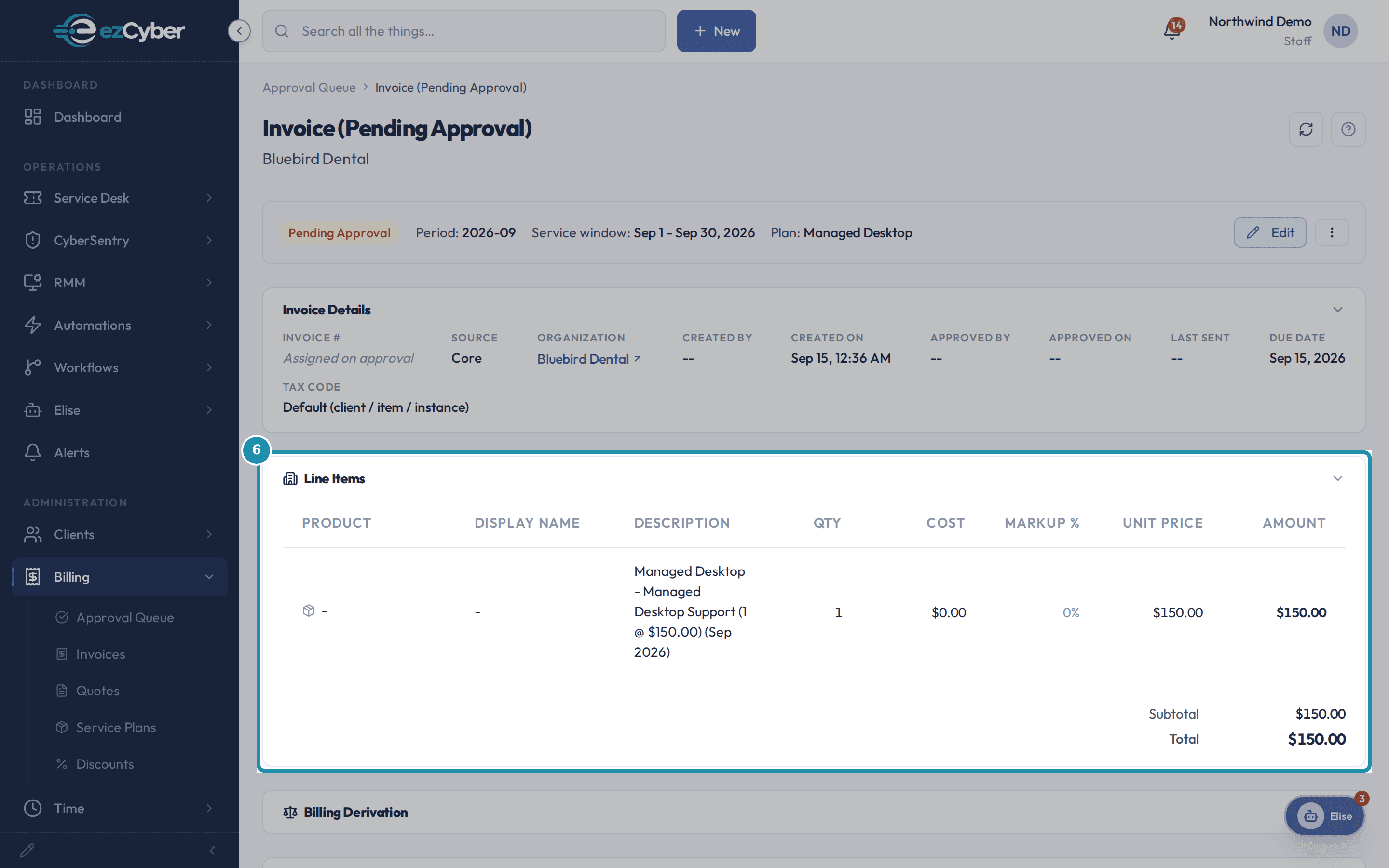 A Pending Approval invoice's Line Items table showing one Managed Desktop Support line for $150.00 and a matching Total.