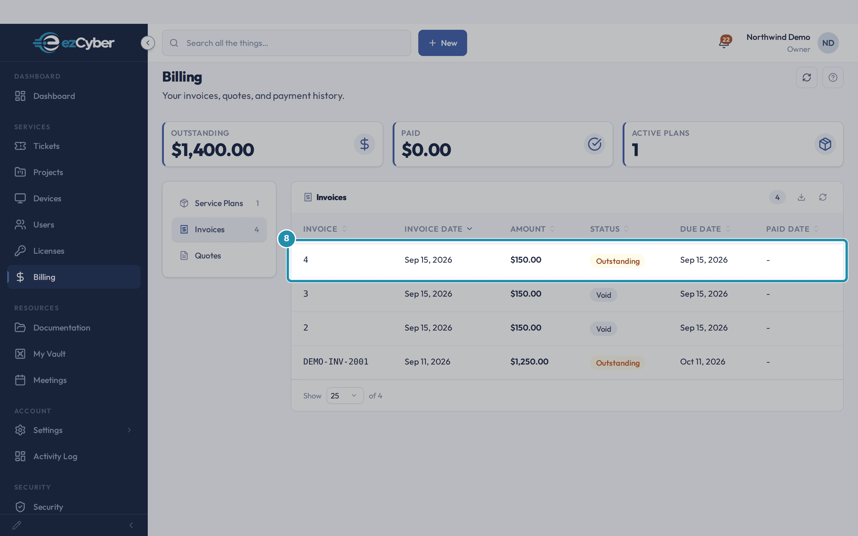 The client portal's Billing > Invoices list, viewed as Bluebird Dental, showing invoice 4 Outstanding at $150.00 above two Void rows and an older invoice.