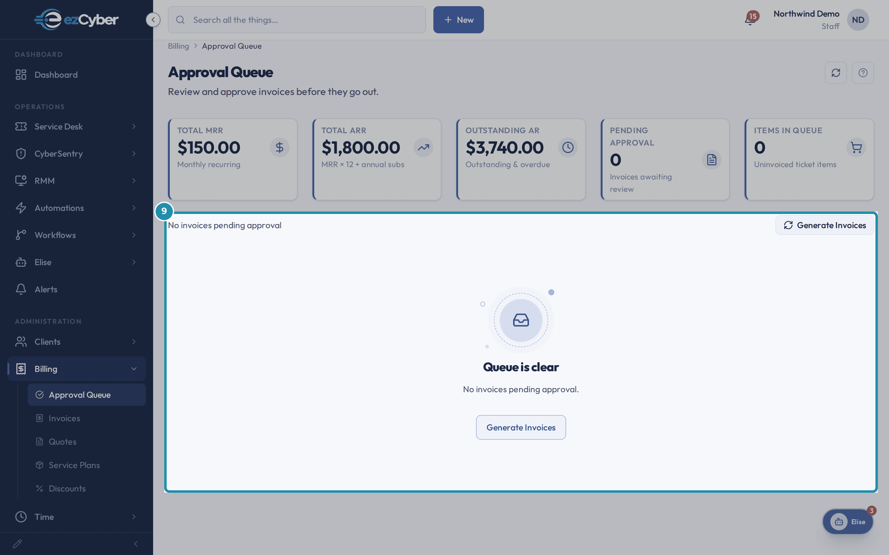 The Approval Queue back at Queue is clear after a second Generate Invoices attempt, with Pending Approval at 0.