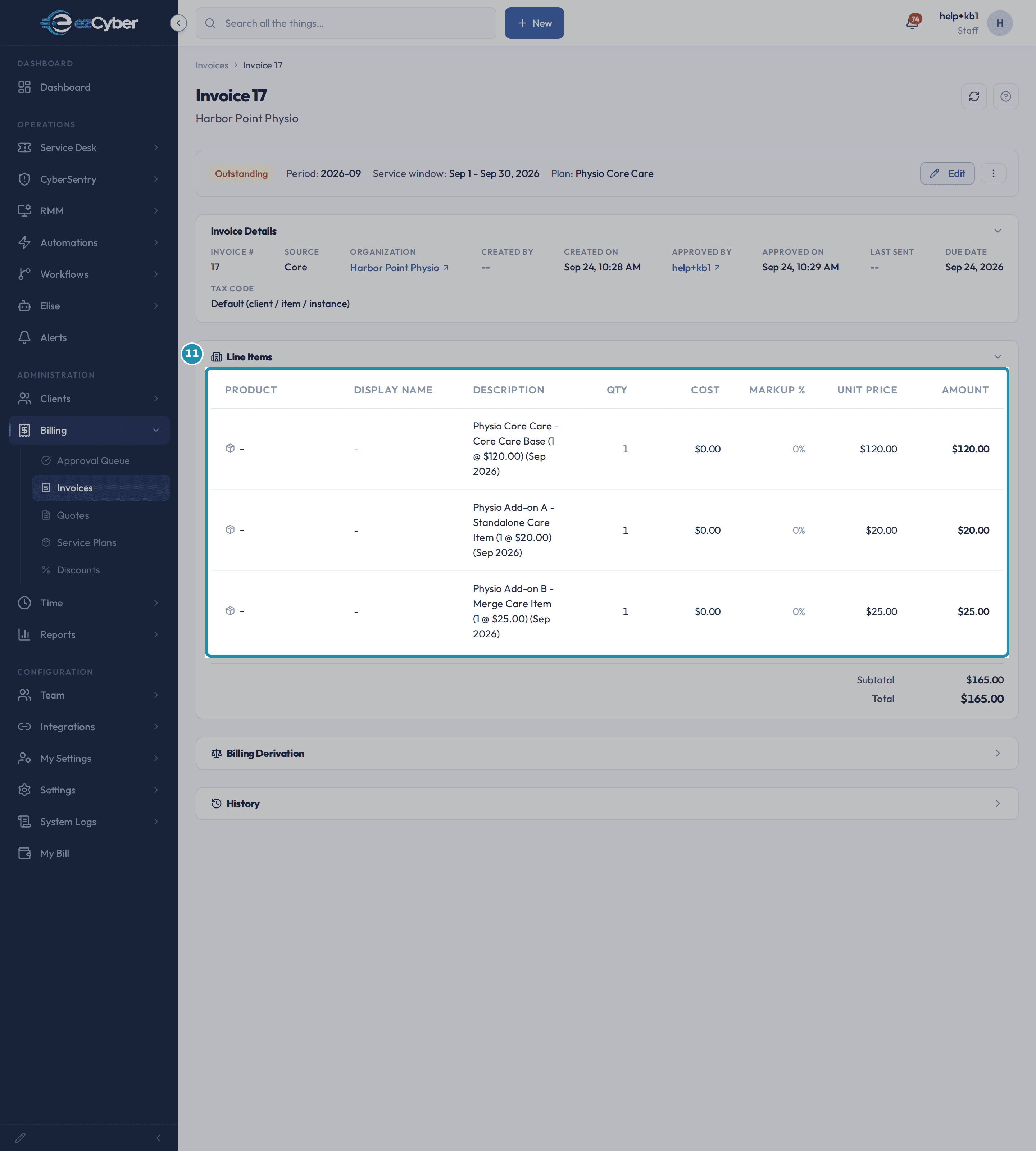 Harbor Point Physio's Core invoice with three line items - Physio Core Care $120.00, Physio Add-on A $20.00, Physio Add-on B $25.00 - and a Subtotal and Total of $165.00.