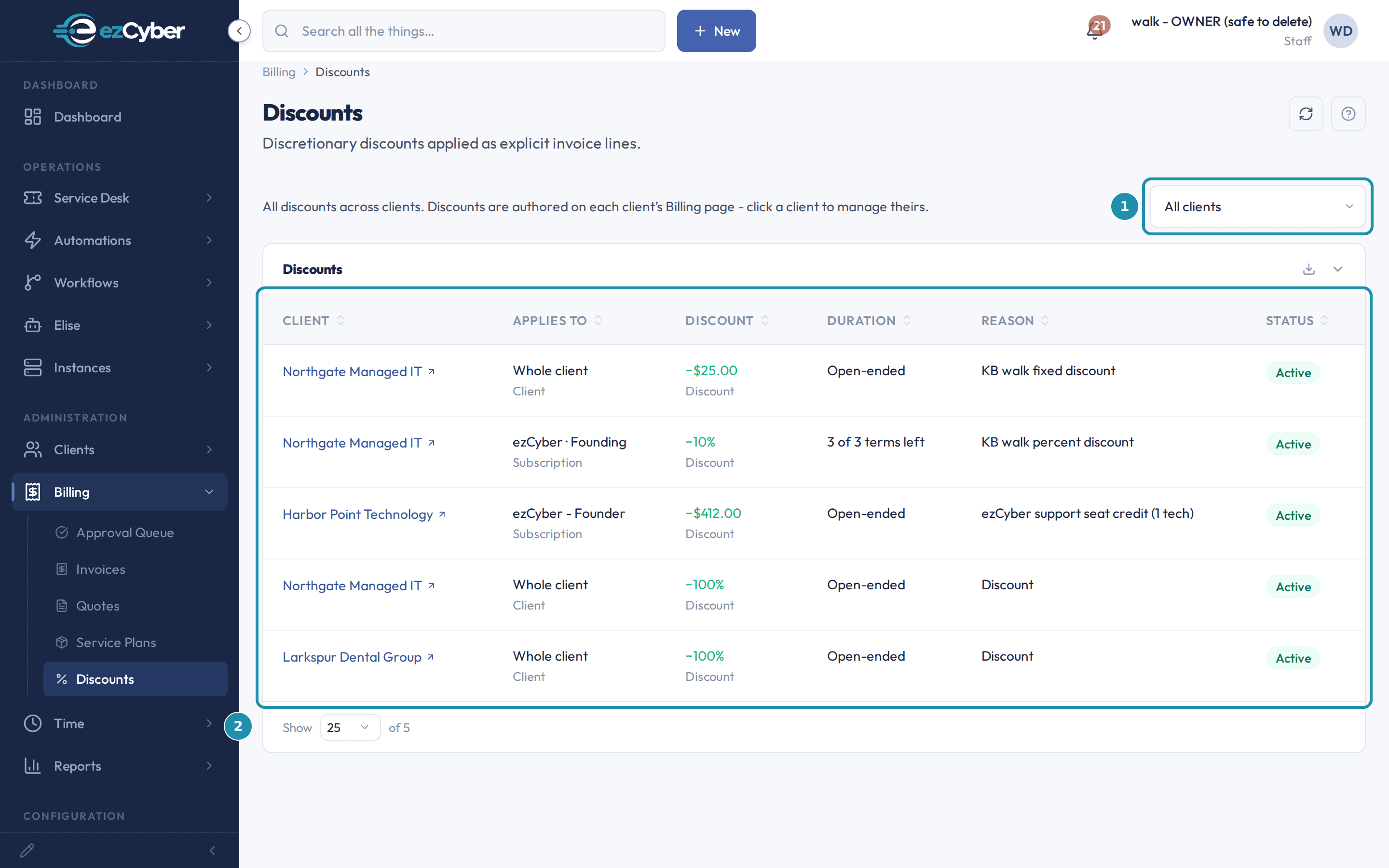 The Discounts list under Billing showing five discount rows across three clients, with a numbered teal badge on the client picker and on the rows table.