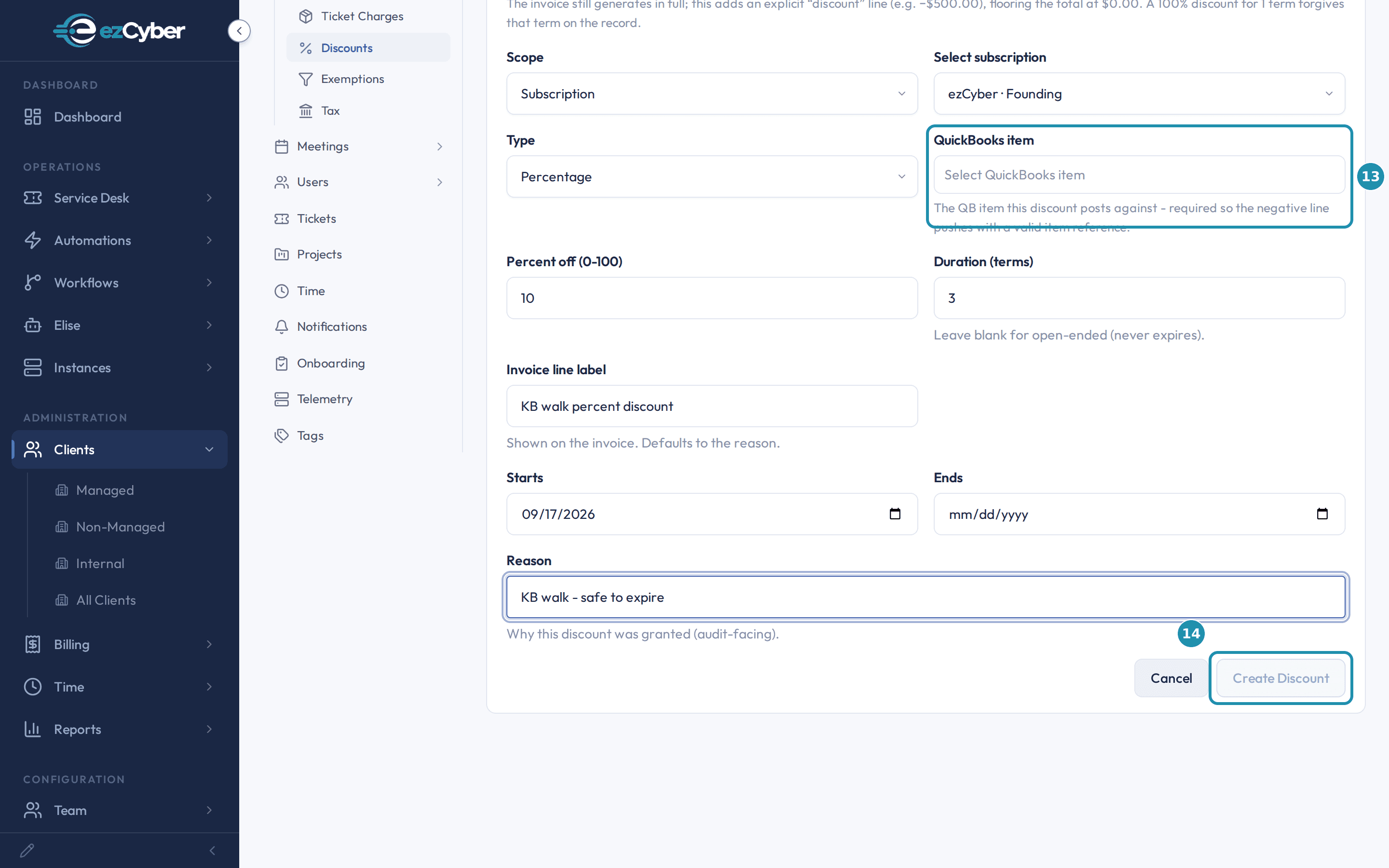 The New Discount form with the QuickBooks item field empty, its hint reading that the item is required, and Create Discount greyed out.