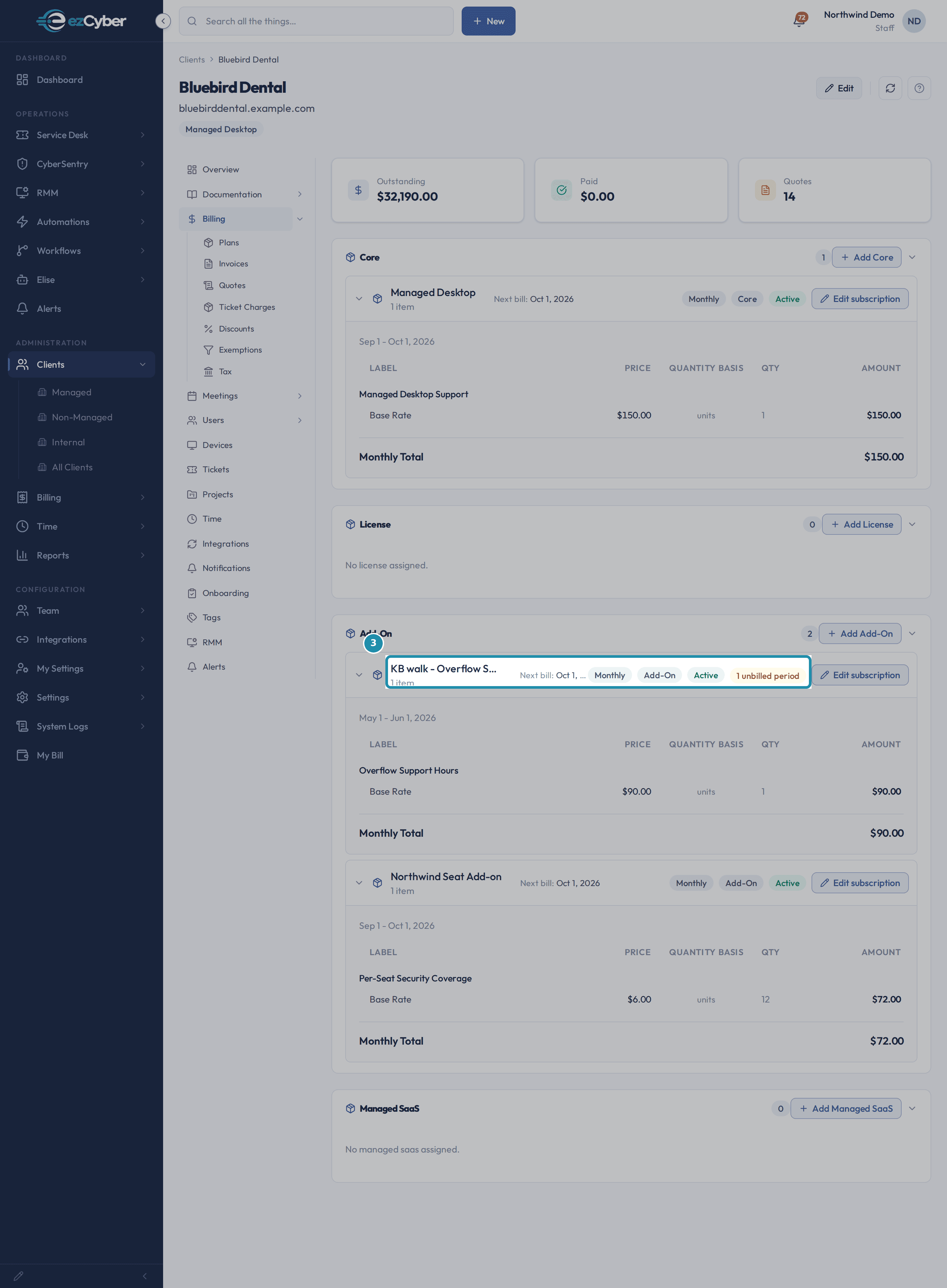 Bluebird Dental's Add-On section showing the KB walk - Overflow Support subscription row with a 1 unbilled period badge next to Active and Edit subscription.