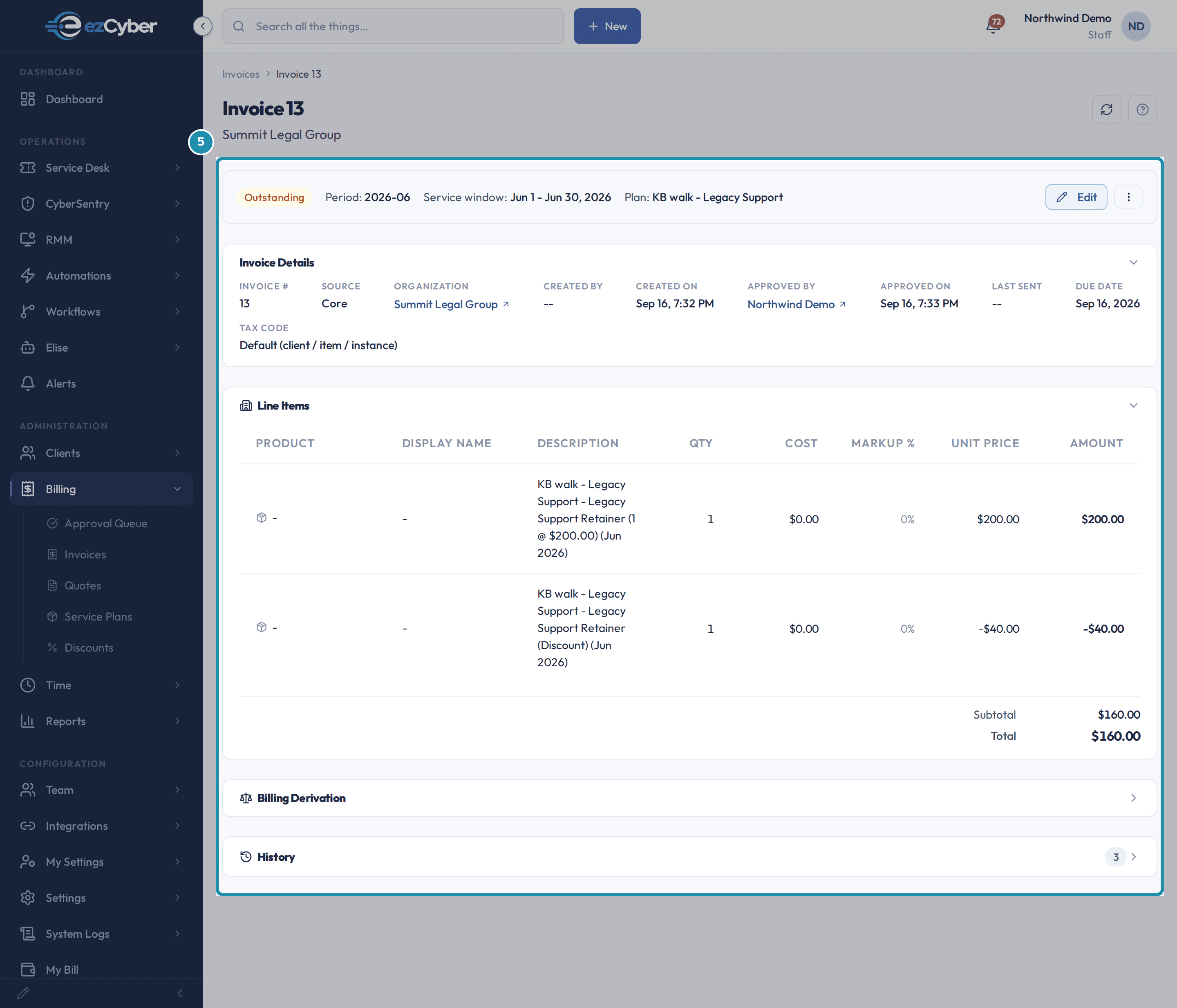Invoice 13's Outstanding banner, Invoice Details card and Line Items table, showing a $200.00 Legacy Support Retainer line and a -$40.00 Discount line under it, totalling $160.00.