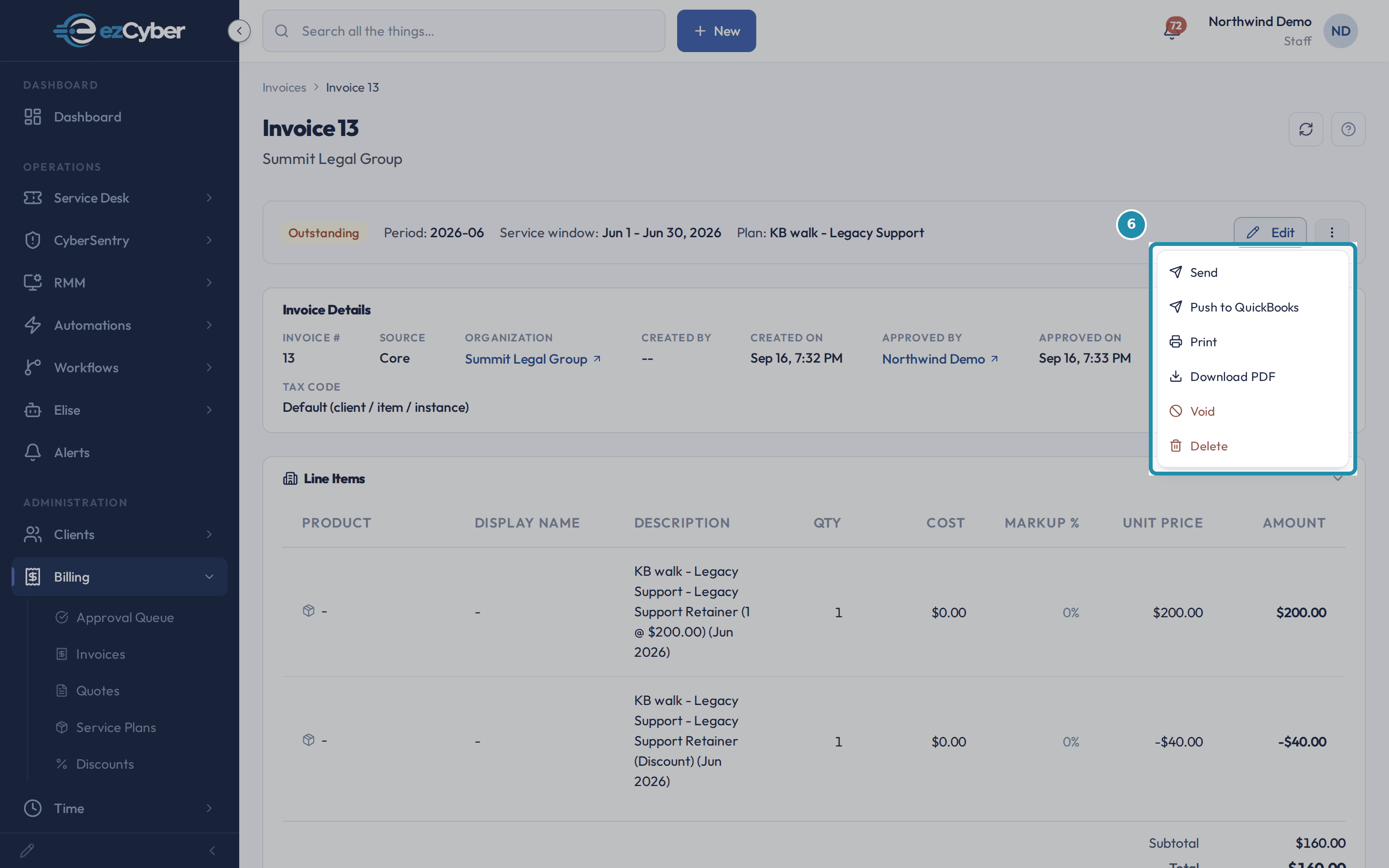 The invoice's actions menu open, listing Send, Push to QuickBooks, Print, Download PDF, Void and Delete, with no Move to client item.