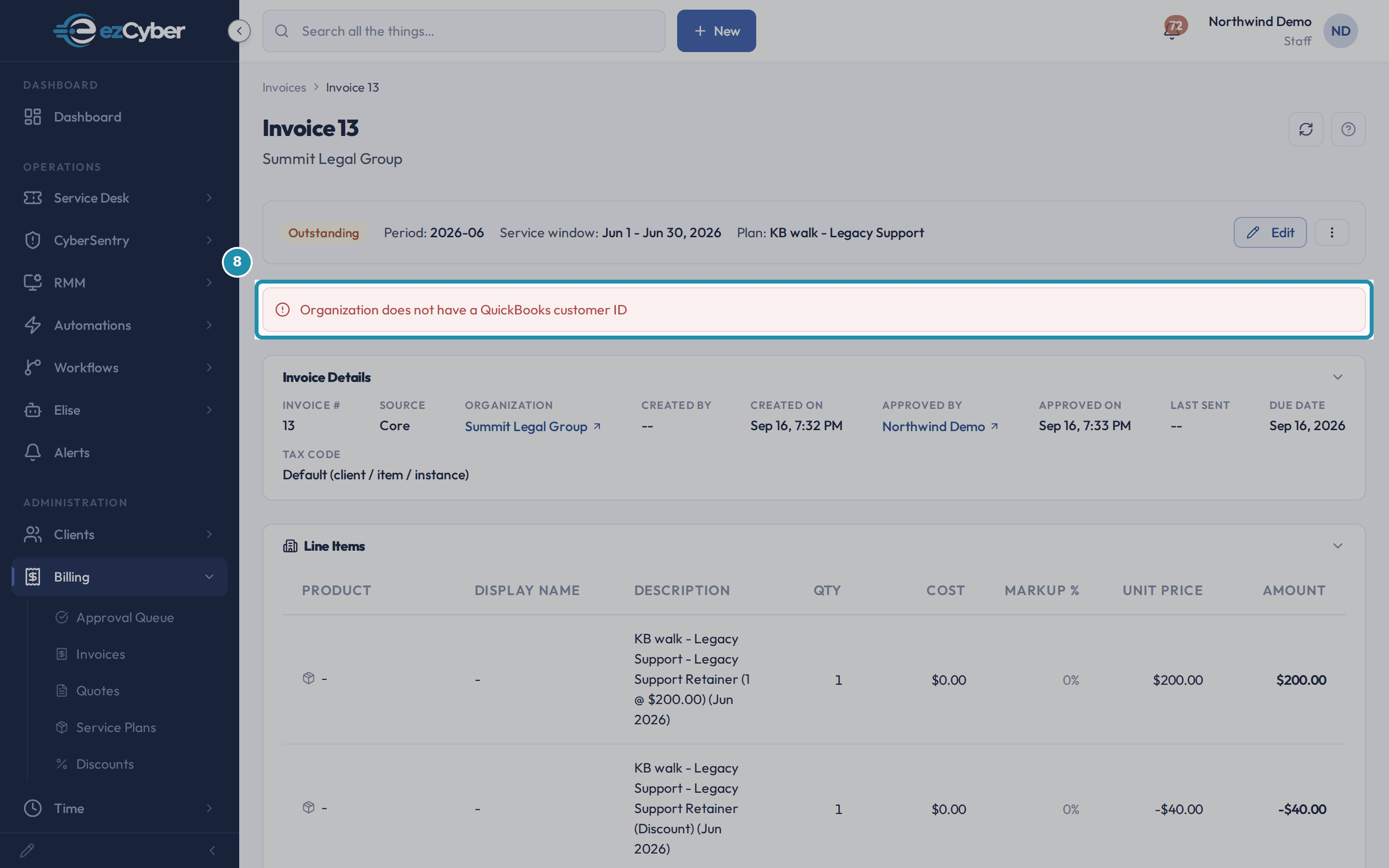 A red banner reading Organization does not have a QuickBooks customer ID, shown above the invoice's Invoice Details card.