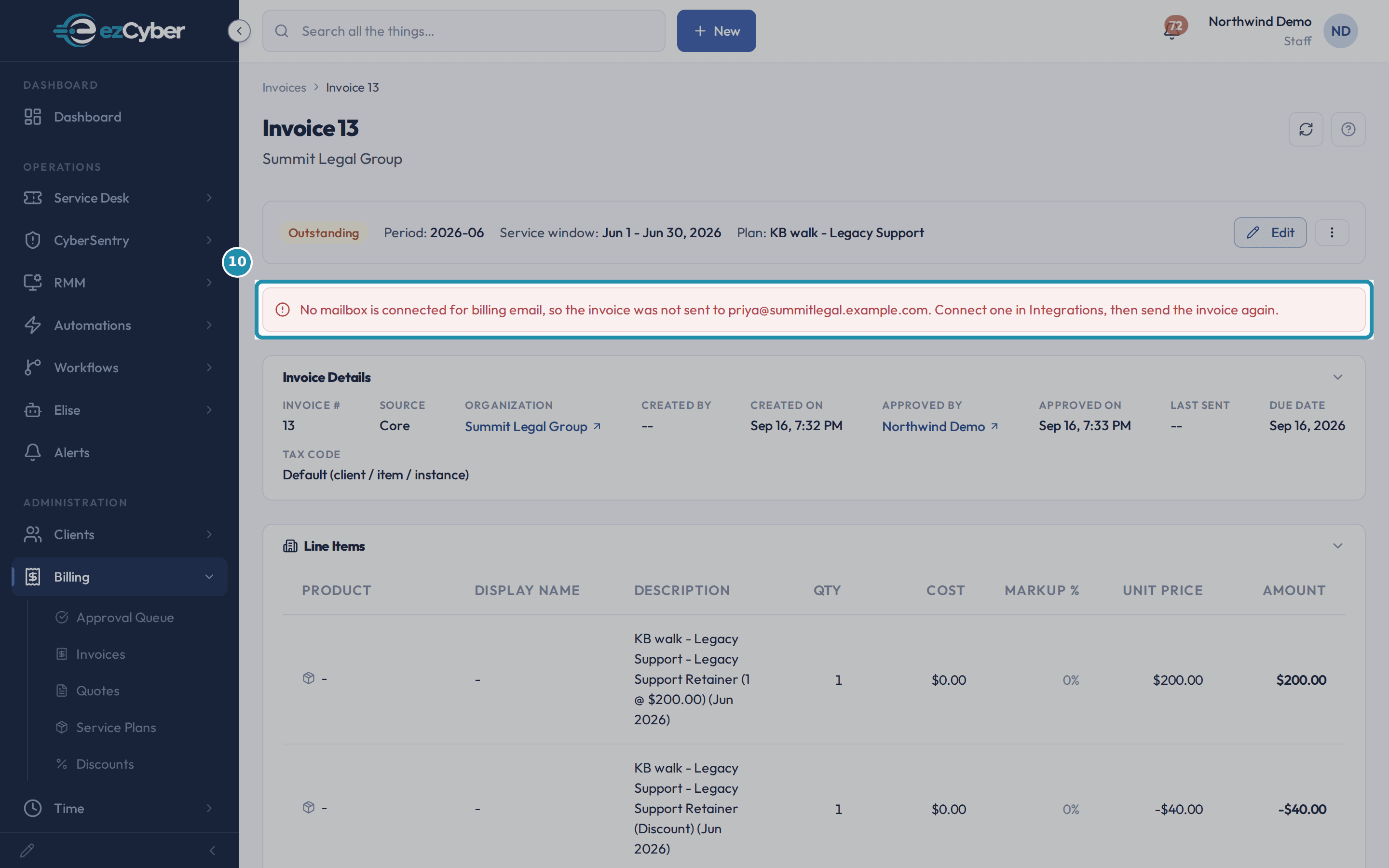 A red banner reading No mailbox is connected for billing email, so the invoice was not sent to priya@summitlegal.example.com, shown above Invoice Details with Last Sent still at a dash.