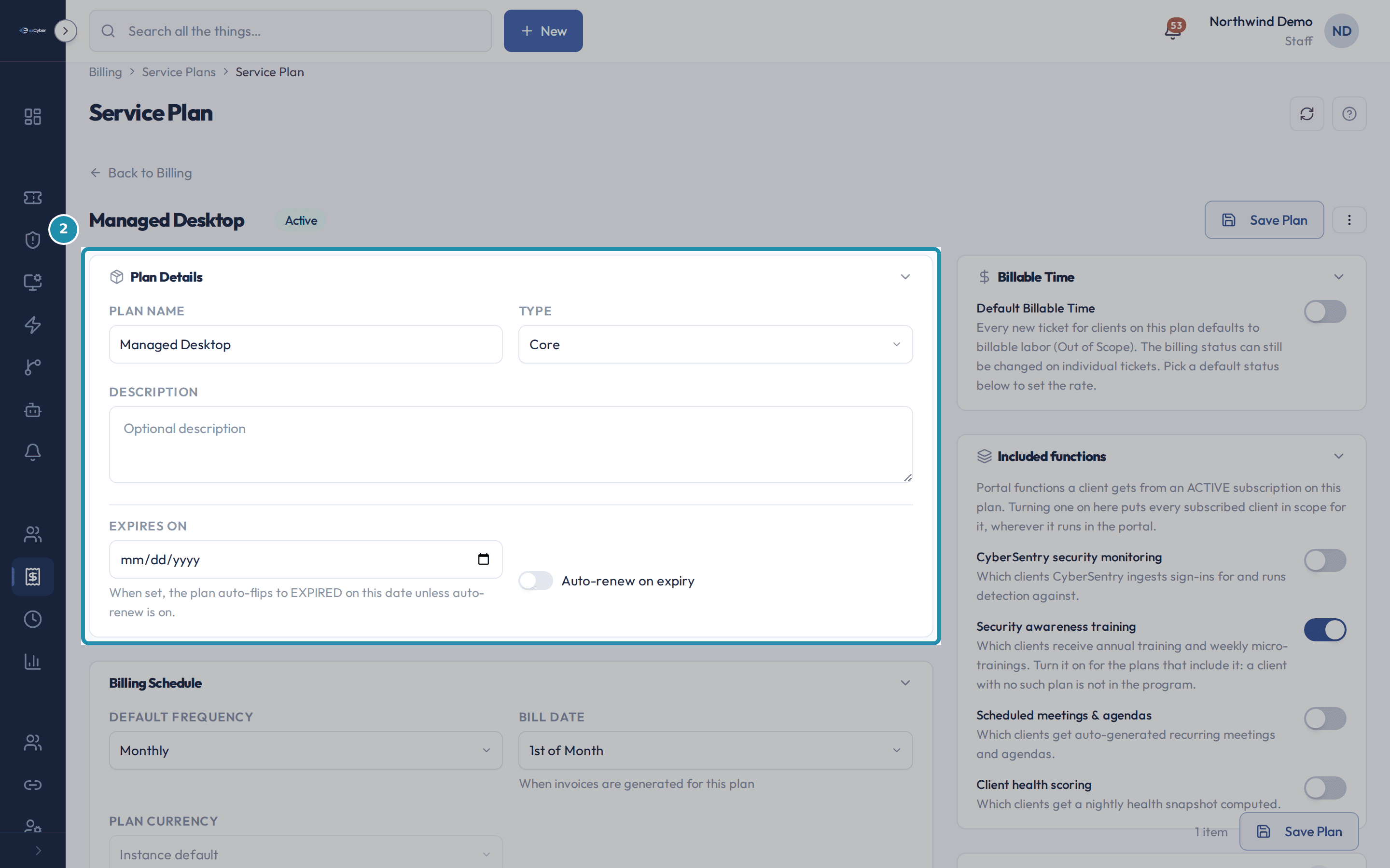 The Plan Details card on Managed Desktop, showing the Plan Name field, a Type dropdown set to Core, and an empty Description field.