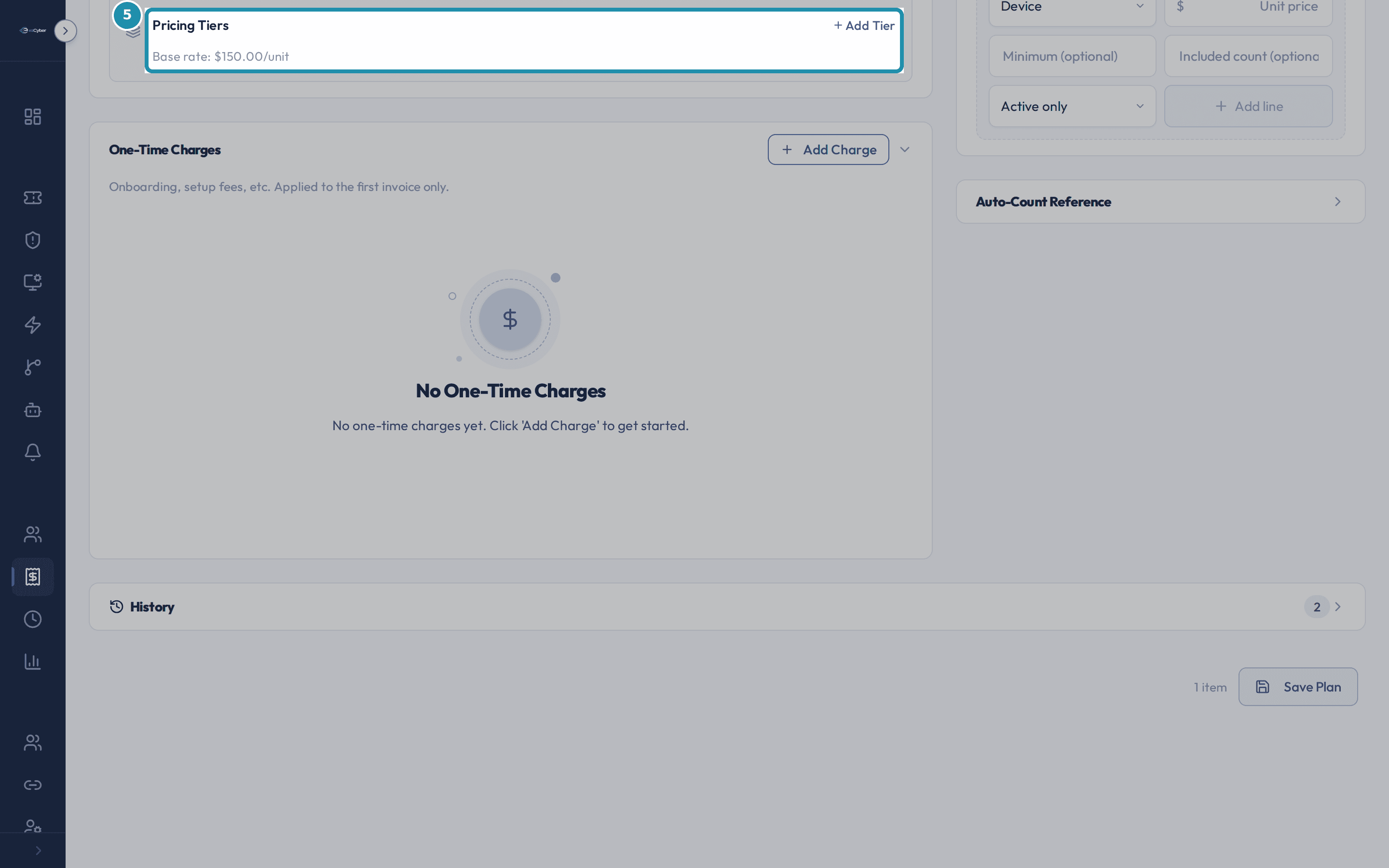 The Pricing Tiers section under Managed Desktop's line, showing the Add Tier button and Base rate: $150.00/unit with no tiers added.