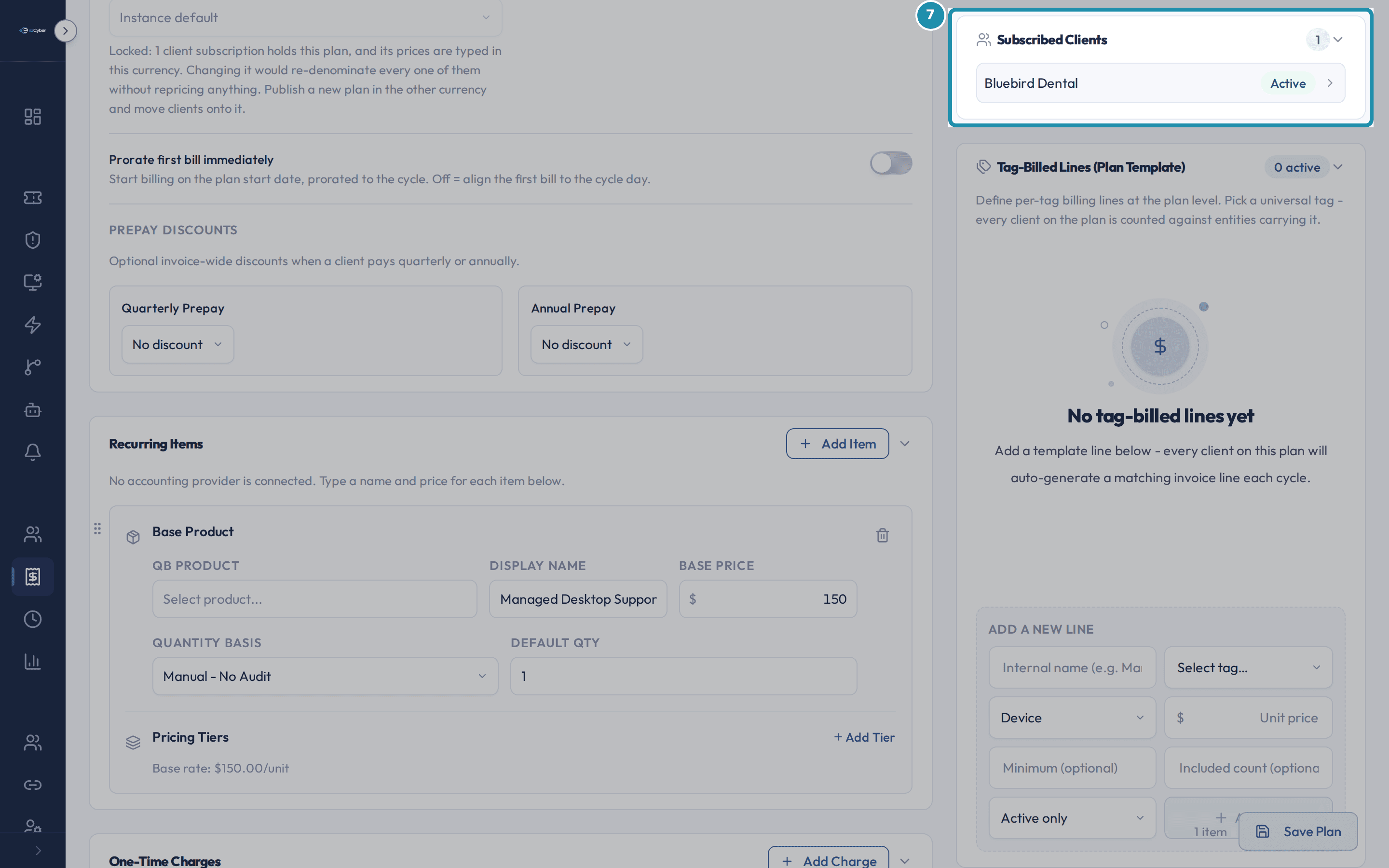 The Subscribed Clients card on Managed Desktop, showing one subscribed client, Bluebird Dental, marked Active.