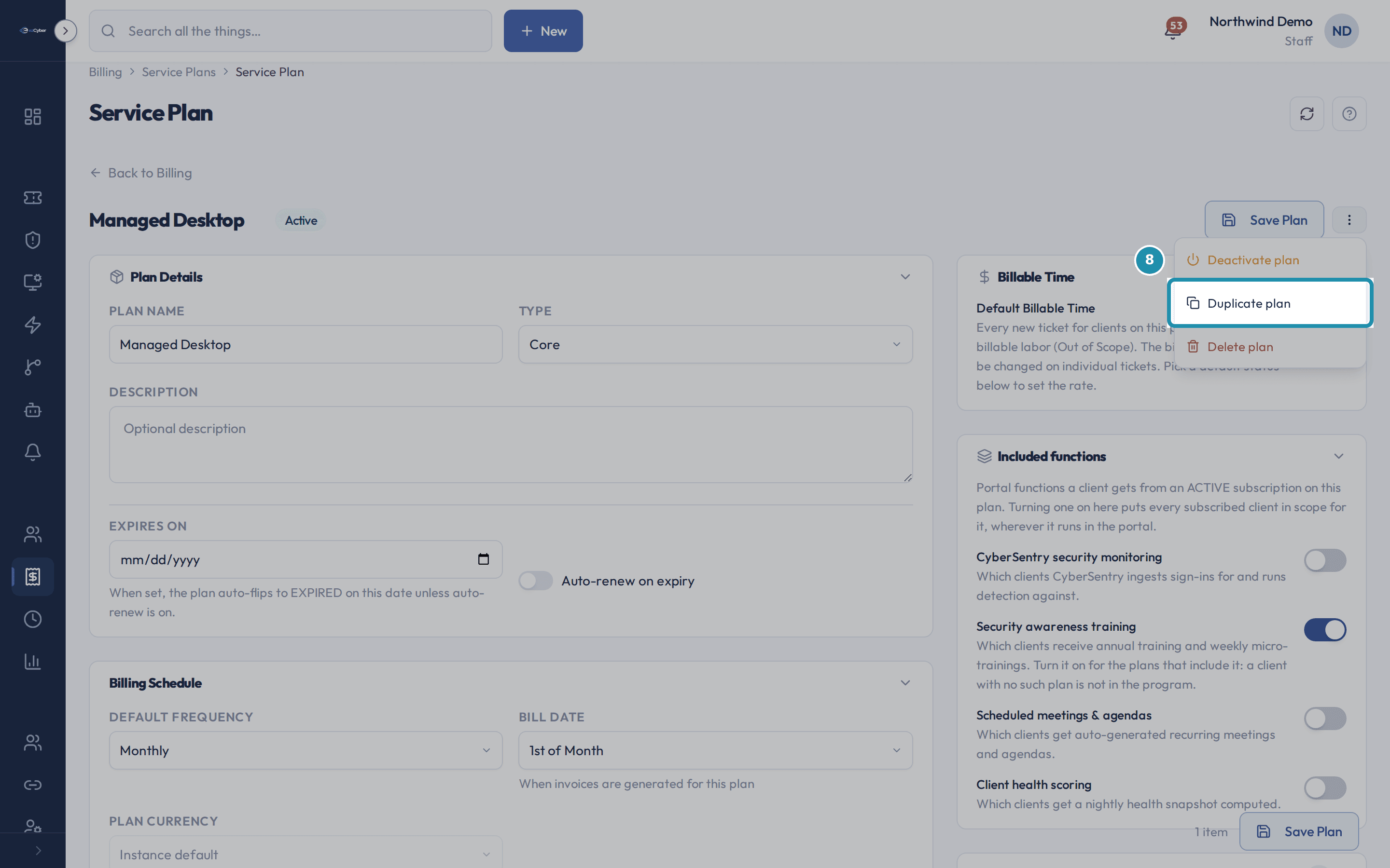 Managed Desktop's actions menu open, showing Deactivate plan, Duplicate plan, and Delete plan, with Duplicate plan highlighted.