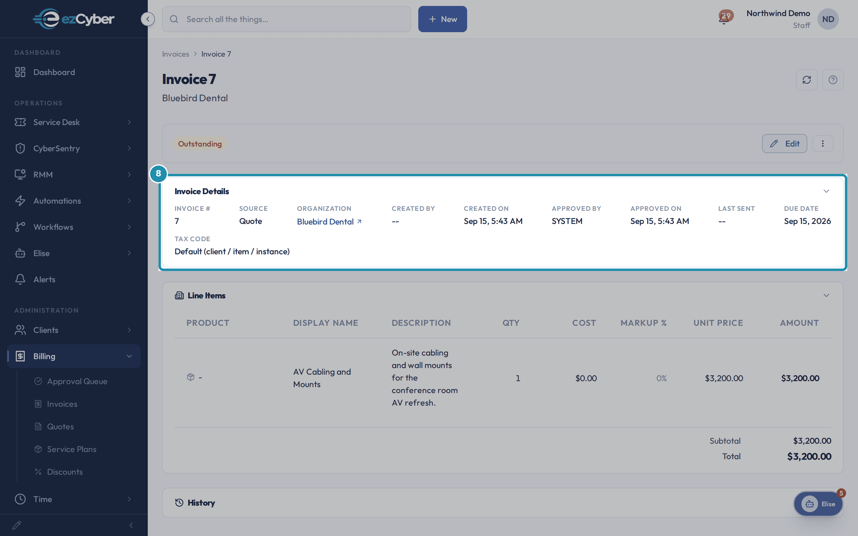 Invoice 7 for Bluebird Dental, Outstanding at $3,200.00, source Quote, with one line item for AV Cabling and Mounts at $3,200.00.