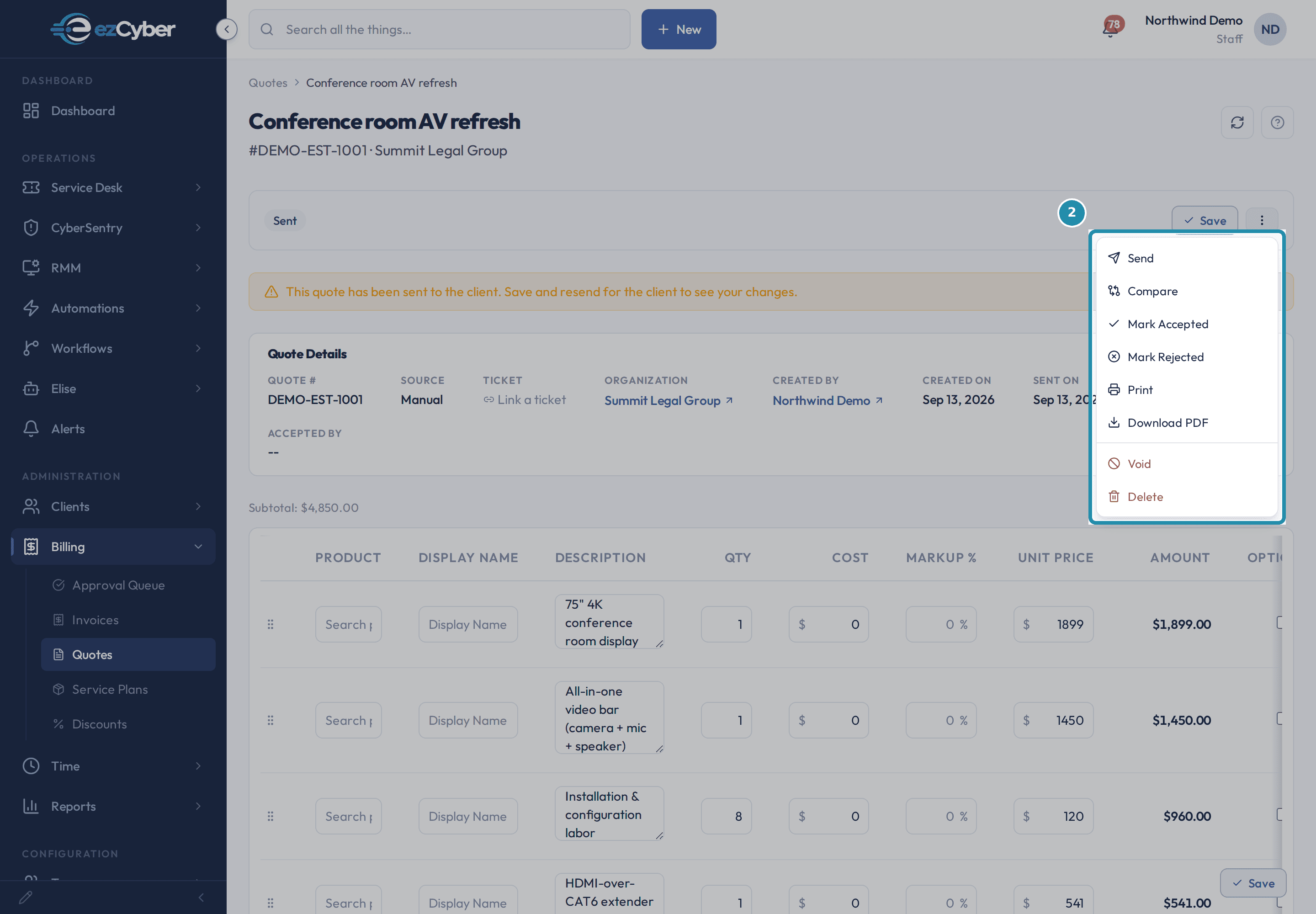 The actions menu open on a Sent quote, listing Send, Compare, Mark Accepted, Mark Rejected, Print, Download PDF, Void, and Delete.
