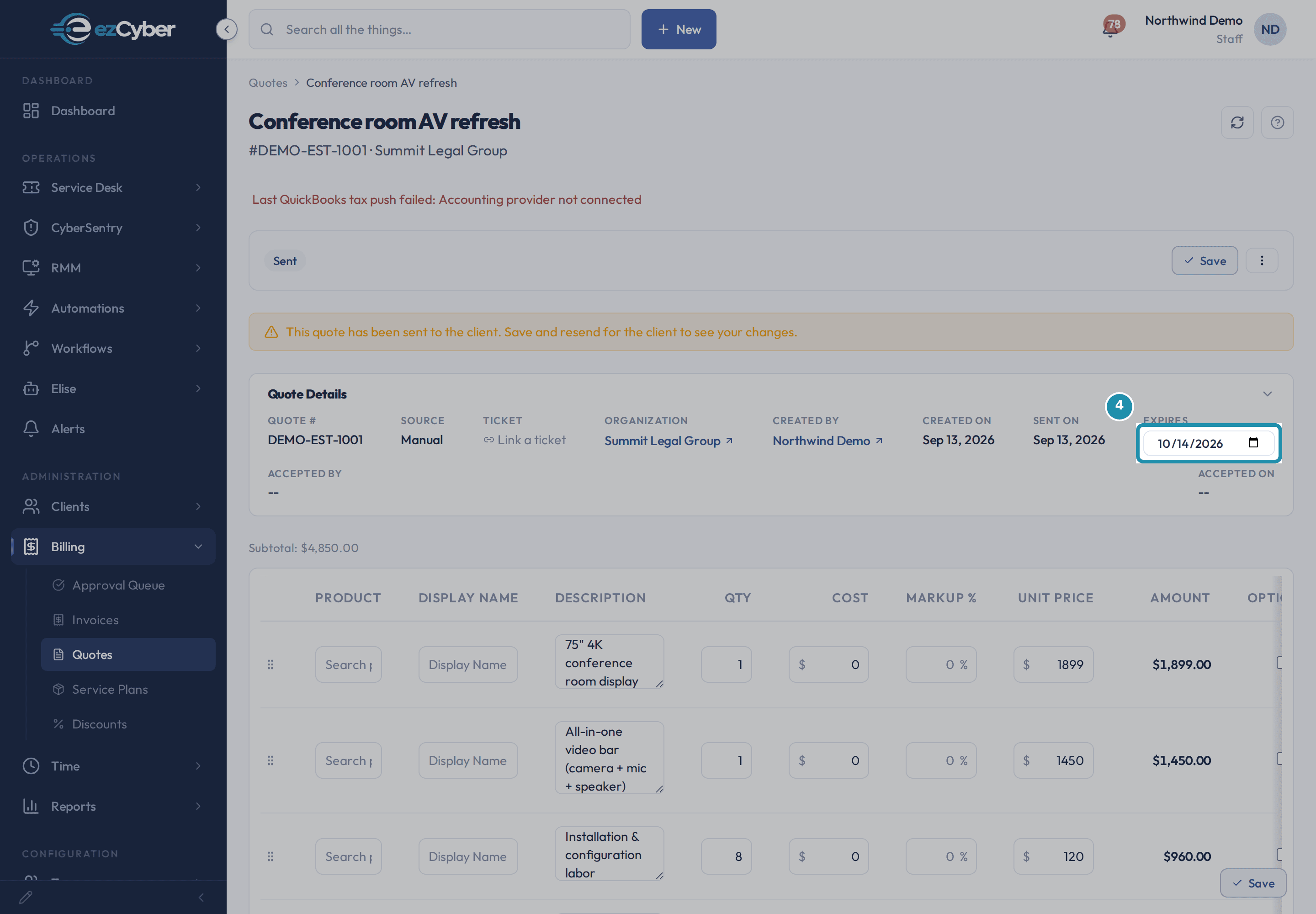 The Quote Details row's Expires field, an editable date input reading 10/14/2026, boxed on the quote's own page.