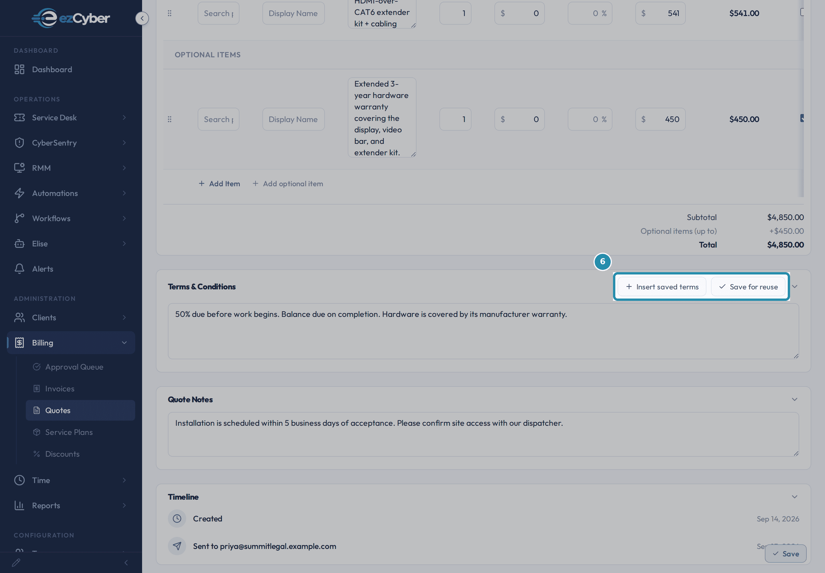 The Terms and Conditions card's Insert saved terms and Save for reuse buttons, boxed together above the terms text box.