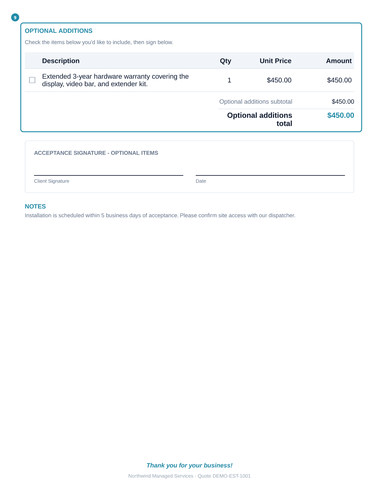 The quote PDF's second page, boxed, headed Optional additions, with its own line item, subtotal, total, signature block, and the Notes text at the bottom.