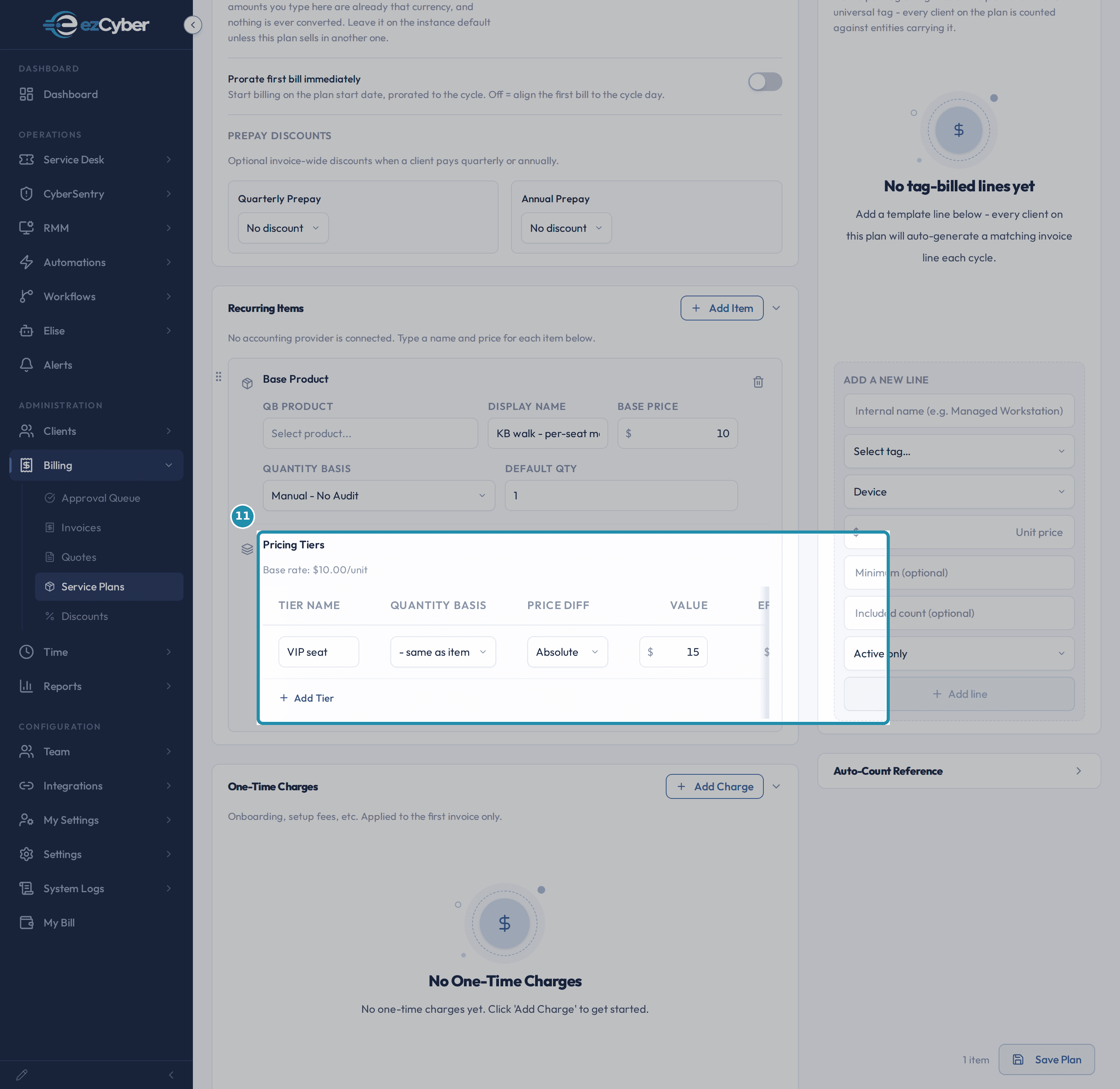 A plan line's Pricing Tiers table boxed, showing a VIP seat tier row with an Absolute price diff and a $15 value, under the Base rate: $10.00/unit hint.