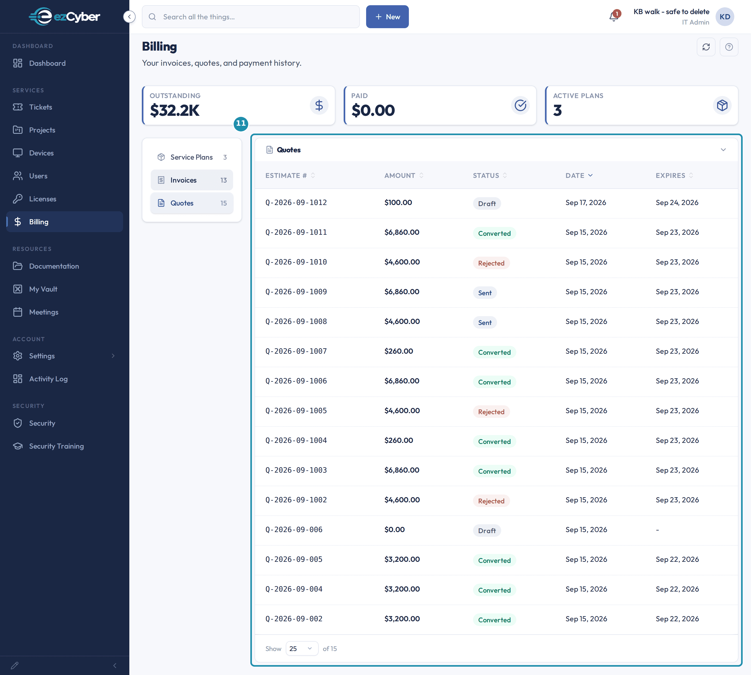 The Quotes tab on the client Billing page with the quote list called out, showing estimate numbers, amounts, statuses and expiry dates.