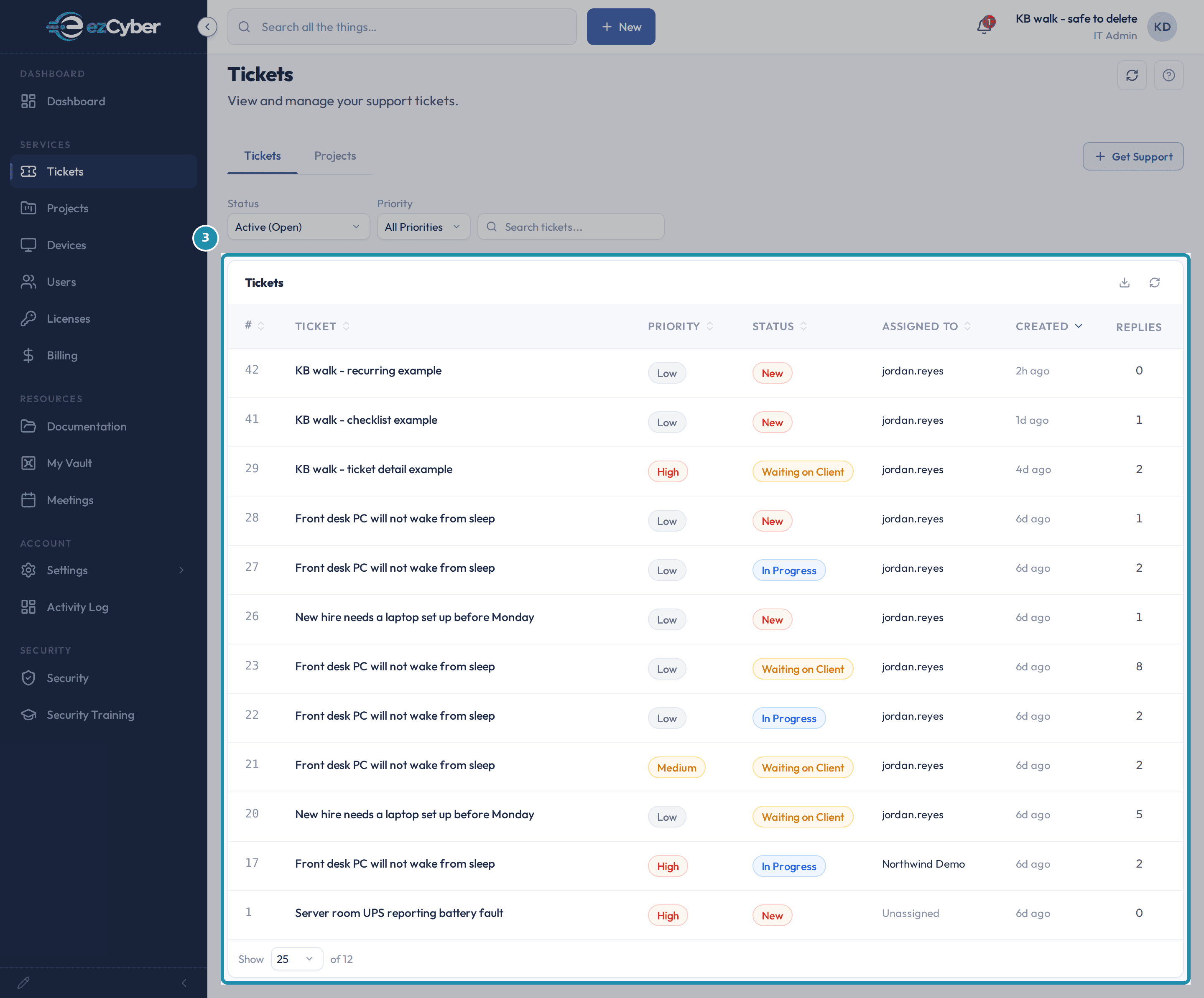 The client Tickets page with the ticket list called out, showing number, ticket, priority, status, assigned to, created and replies columns.