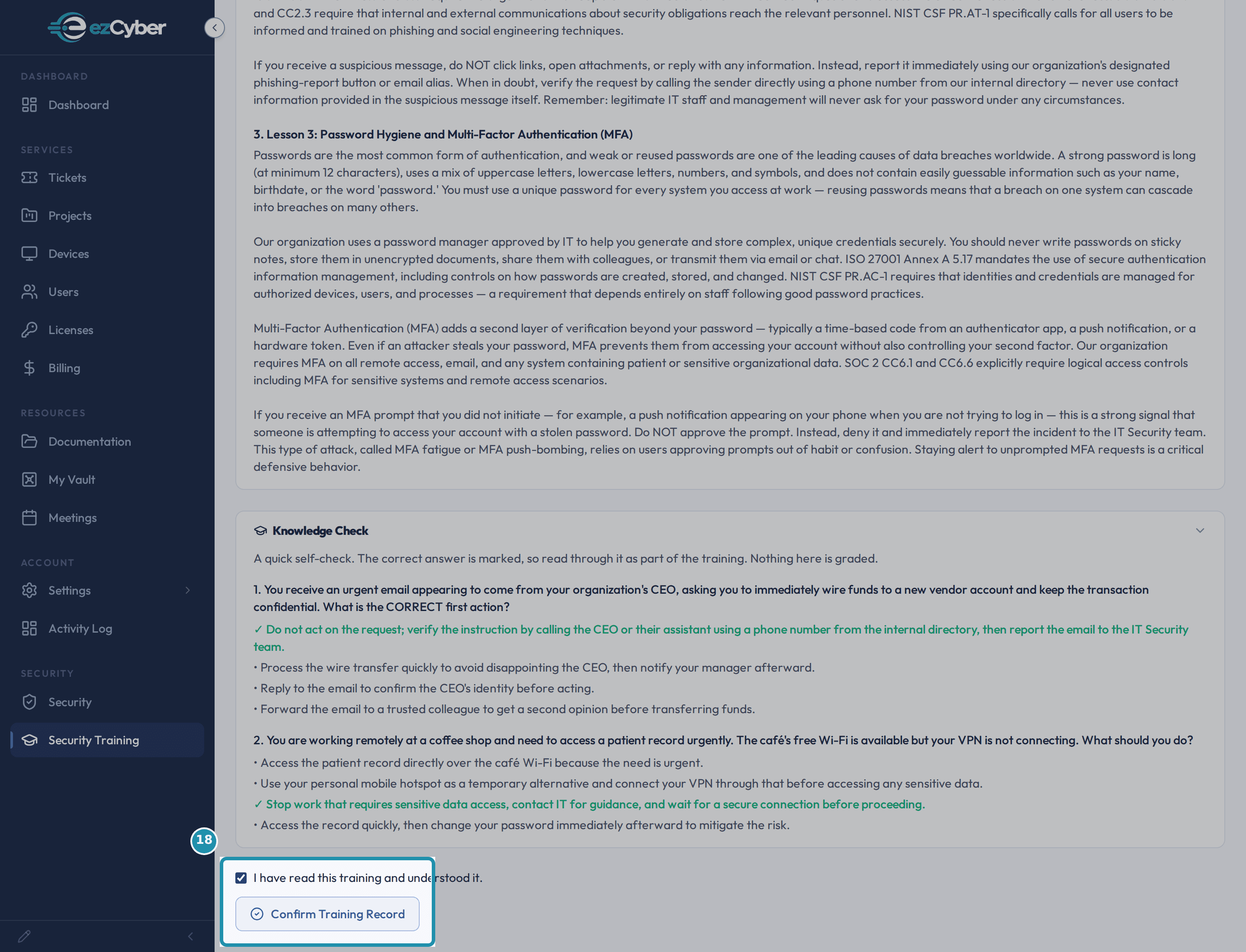 The end of an assigned security training with the "I have read this training and understood it" checkbox ticked and the Confirm Training Record button called out.