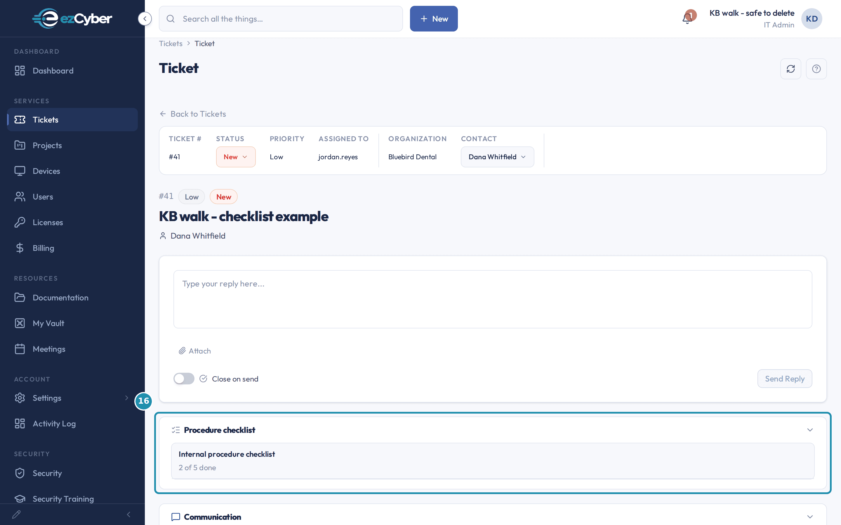 A ticket in the client portal with one region called out: the Procedure checklist card, showing a neutral label and a 2 of 5 done progress line.