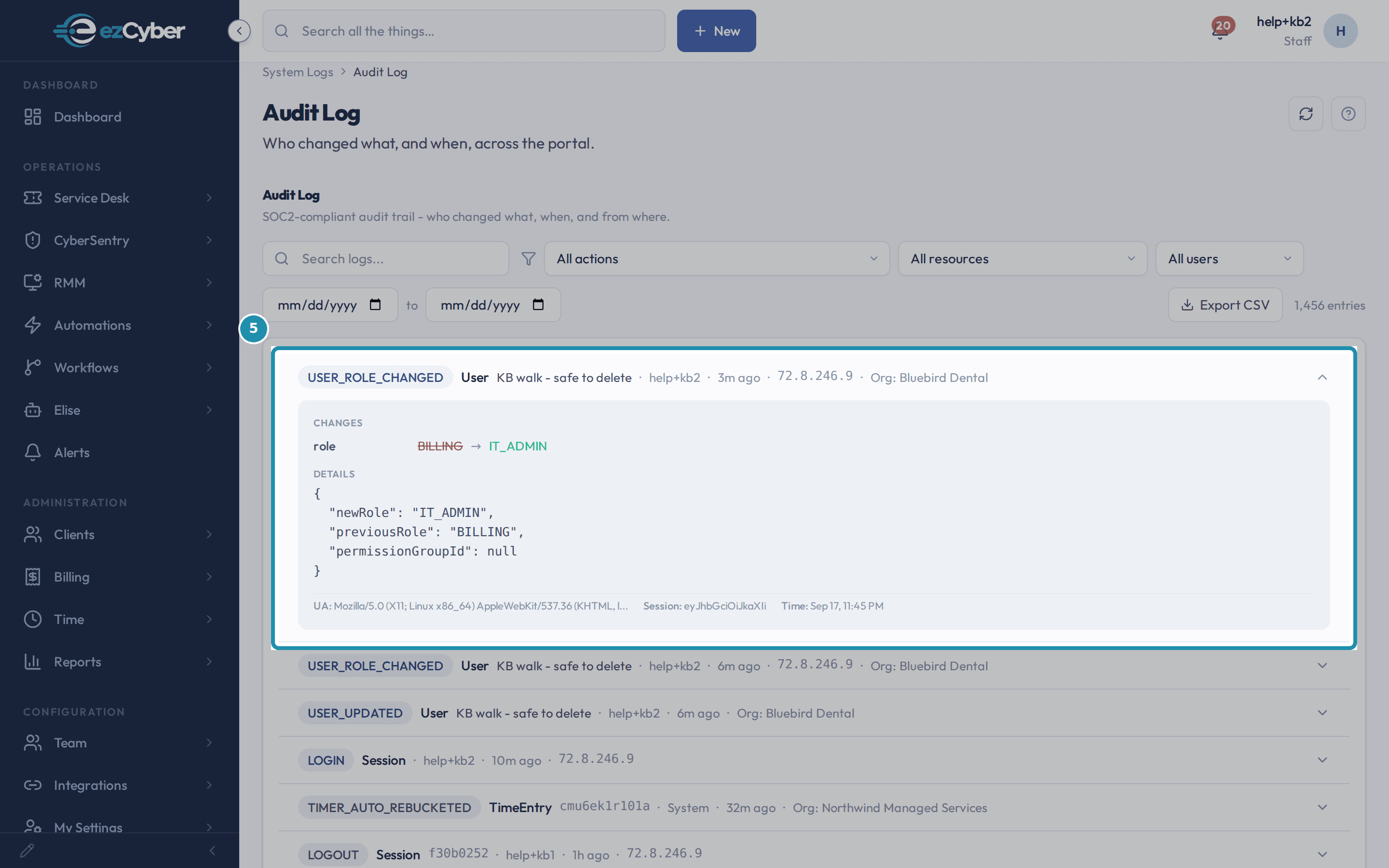 An expanded Audit Log row for USER_ROLE_CHANGED on KB walk - safe to delete, showing the role change from BILLING to IT_ADMIN and its raw details.