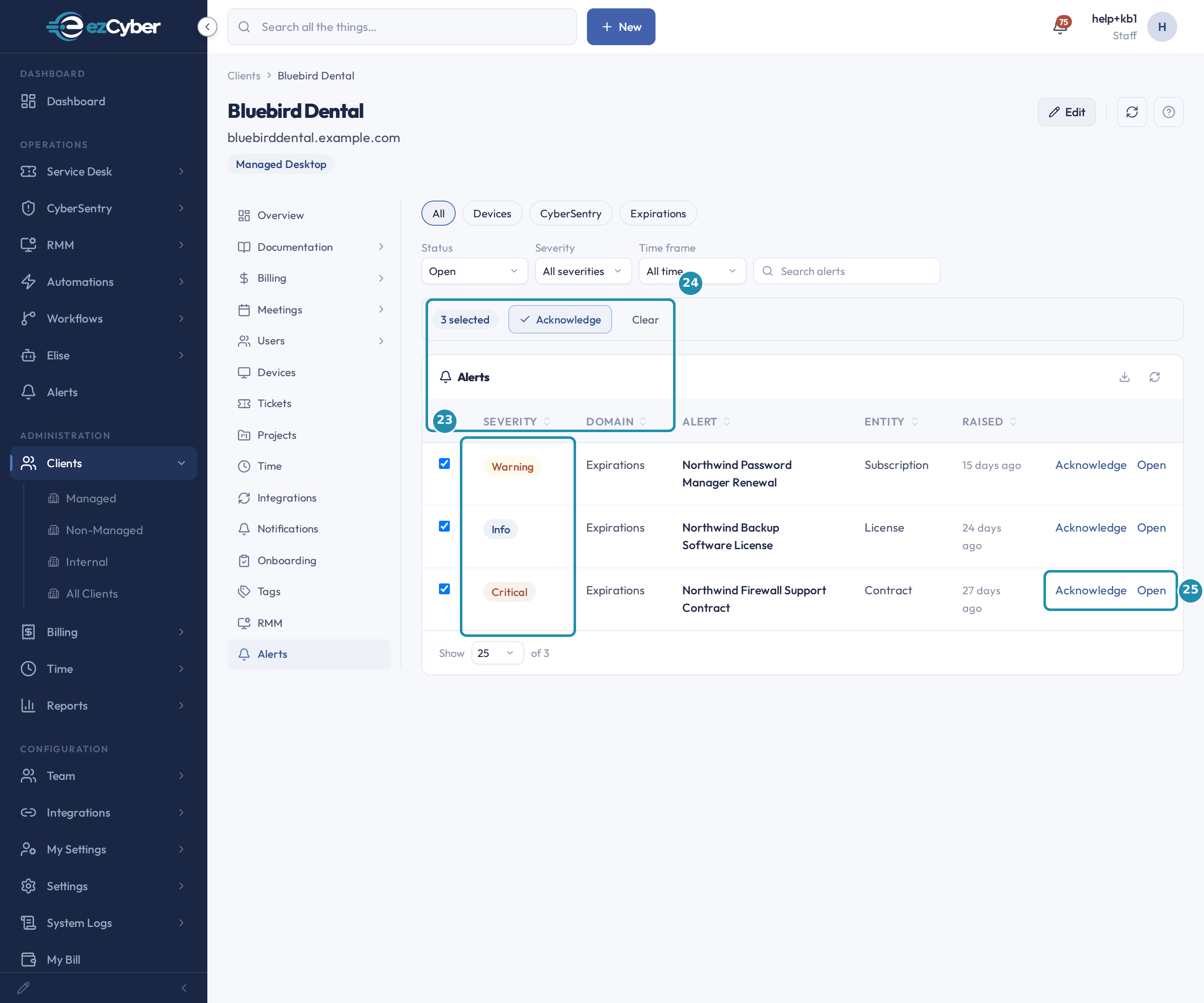 The Bluebird Dental client's Alerts tab with three open expiration alerts (Warning, Info, and Critical severity), a numbered teal badge and box on the severity column, on the bulk selection bar, and on one row's own Acknowledge and Open controls.