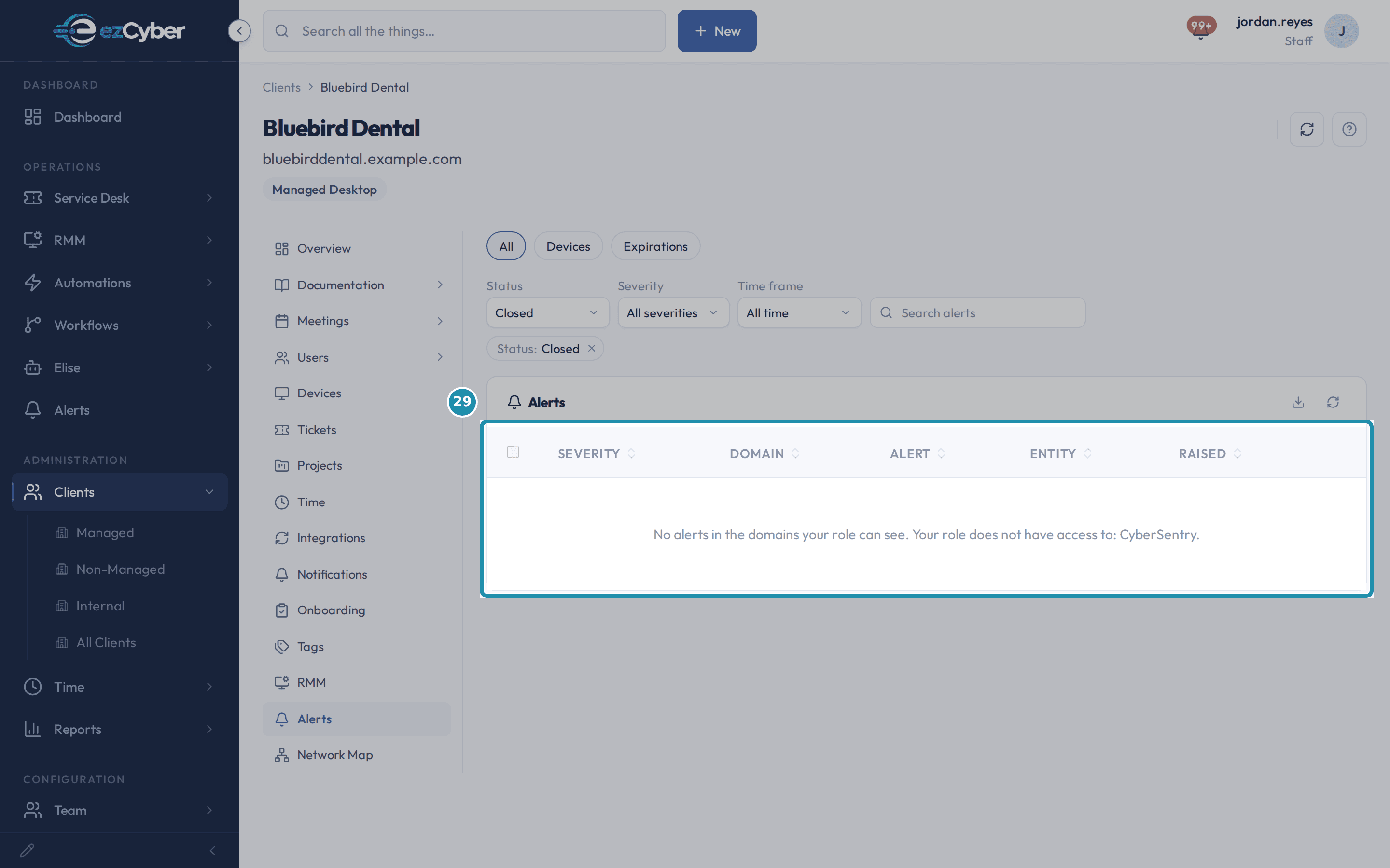 The client's own Alerts tab, All domain, Status set to Closed with no matching rows, reading "No alerts in the domains your role can see. Your role does not have access to: CyberSentry", shown signed in as a Help Desk Tech account with no CyberSentry permission.
