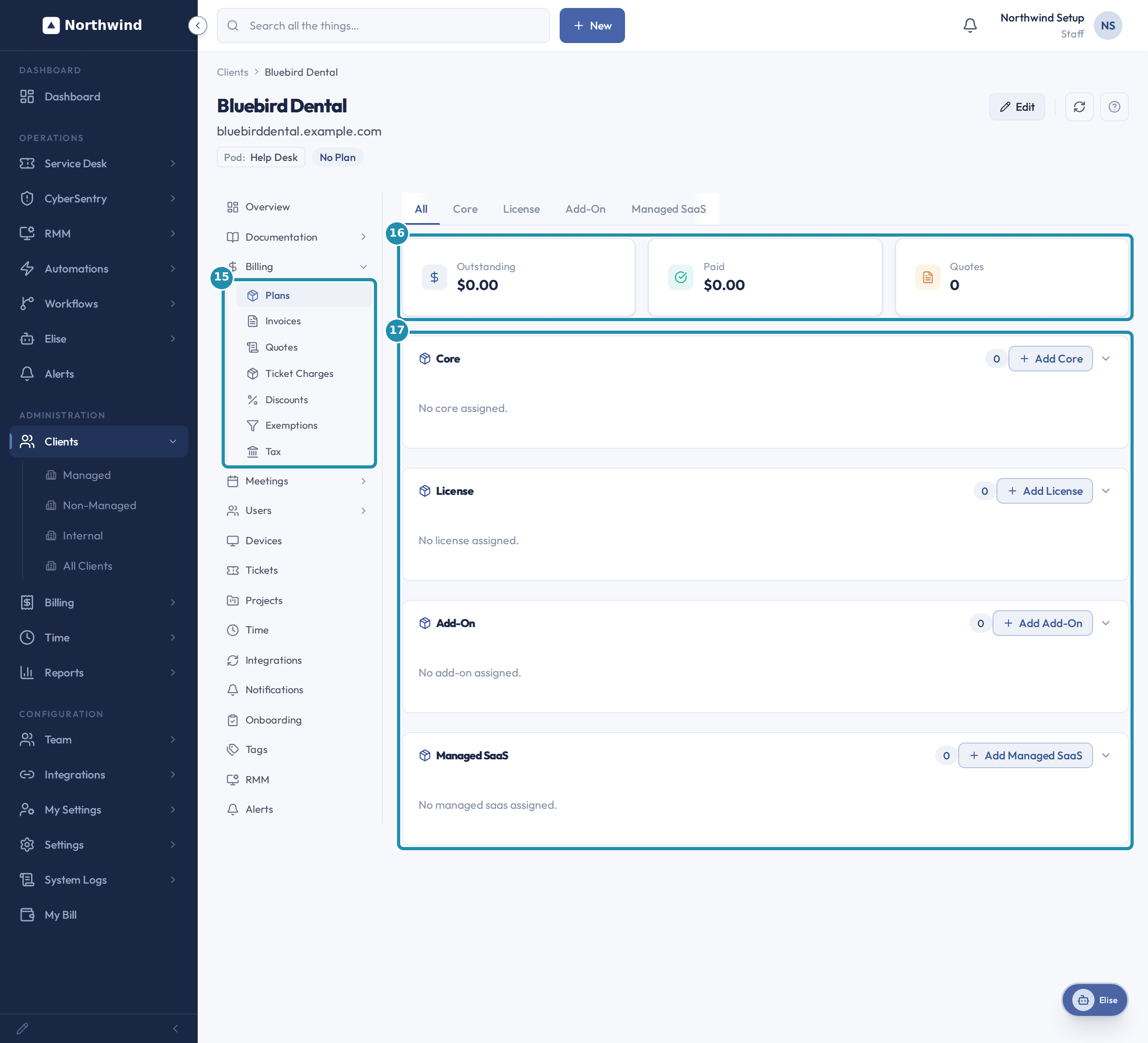 The Bluebird Dental client's Billing tab on the Plans view, with a numbered teal badge and box on the Billing sub-tab strip, the Outstanding, Paid, and Quotes stat tiles, and the Core, License, Add-On, and Managed SaaS sections.
