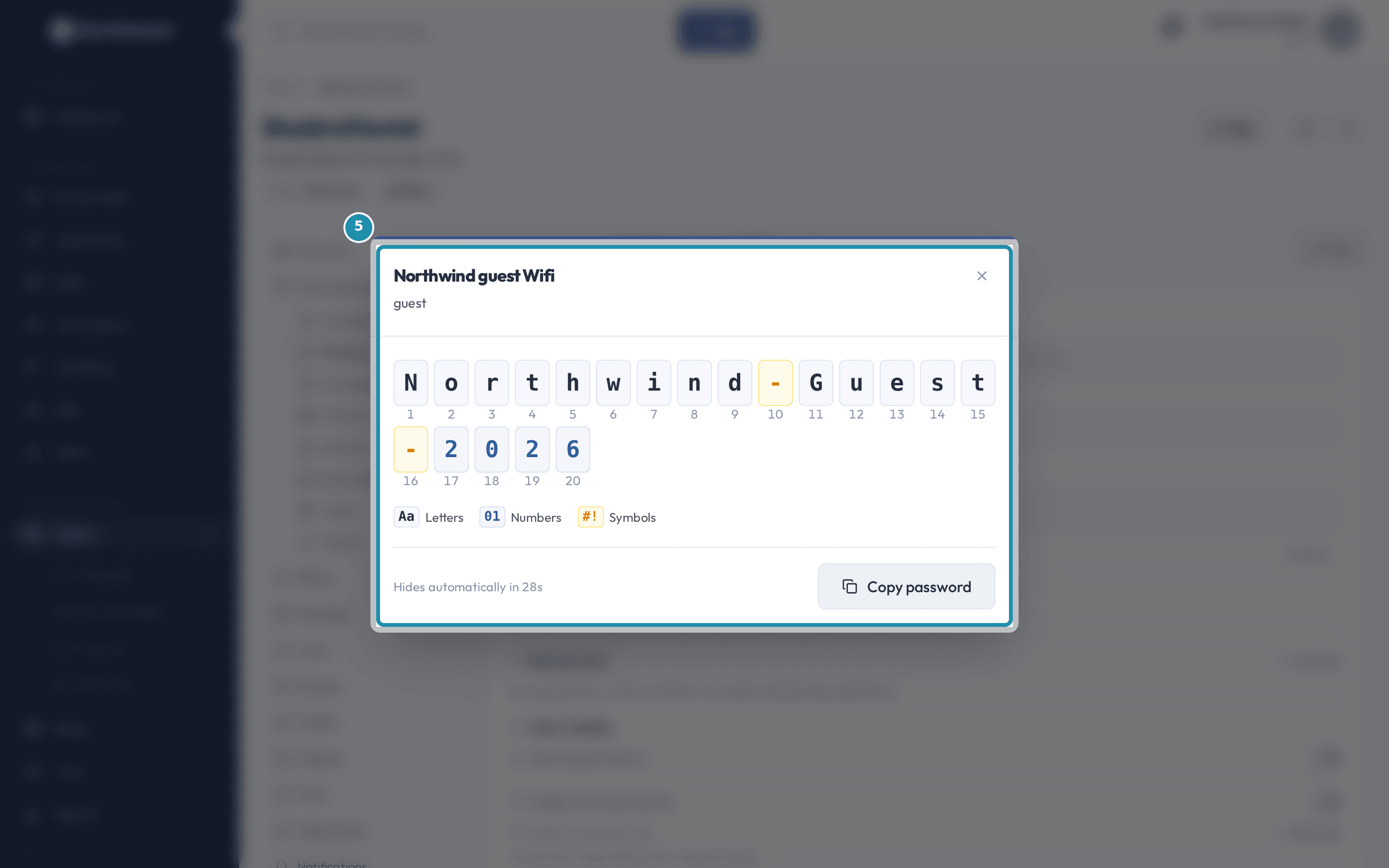 The password reveal pop-up for Northwind guest Wifi, showing the password Northwind-Guest-2026 spelled out one numbered, colored character per cell, with a Hides automatically in 28s countdown and a Copy password button.