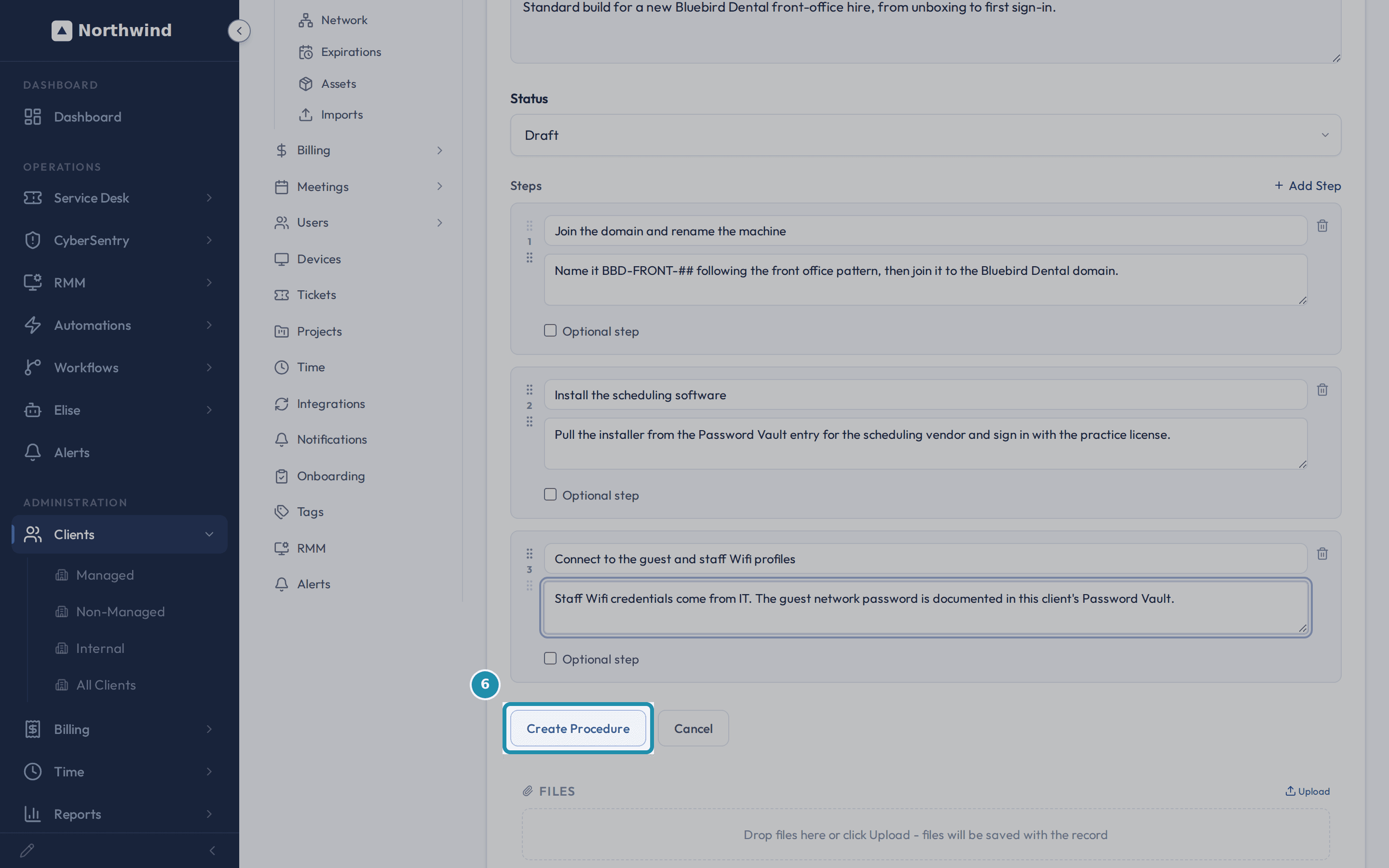 The New Procedure form with the title New hire laptop setup, three ordered steps typed in with their own detail text, and the Create Procedure button highlighted.