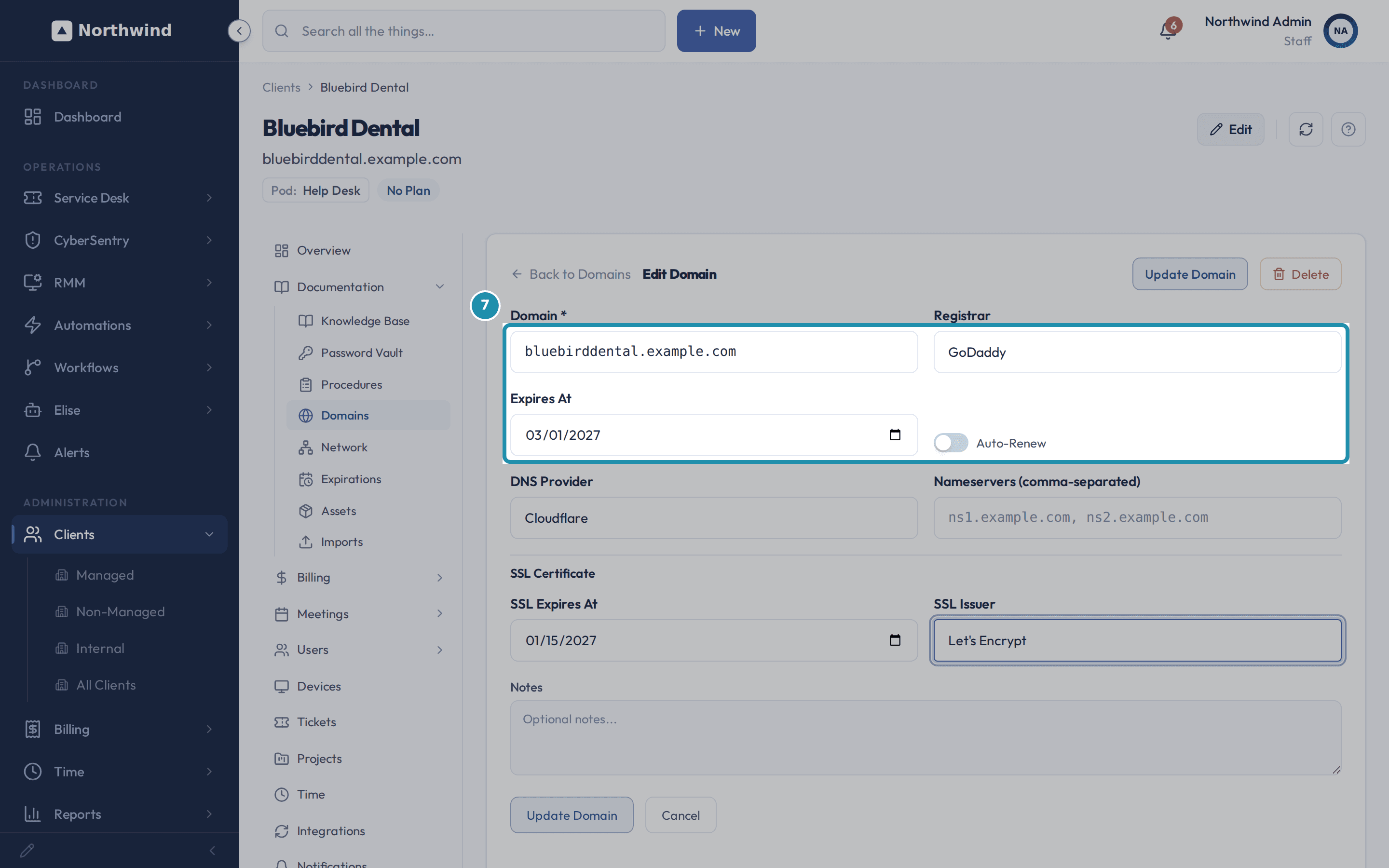 The Edit Domain form for bluebirddental.example.com with Registrar set to GoDaddy, Expires At set to March 1, 2027, DNS Provider Cloudflare, and SSL Issuer Let's Encrypt.