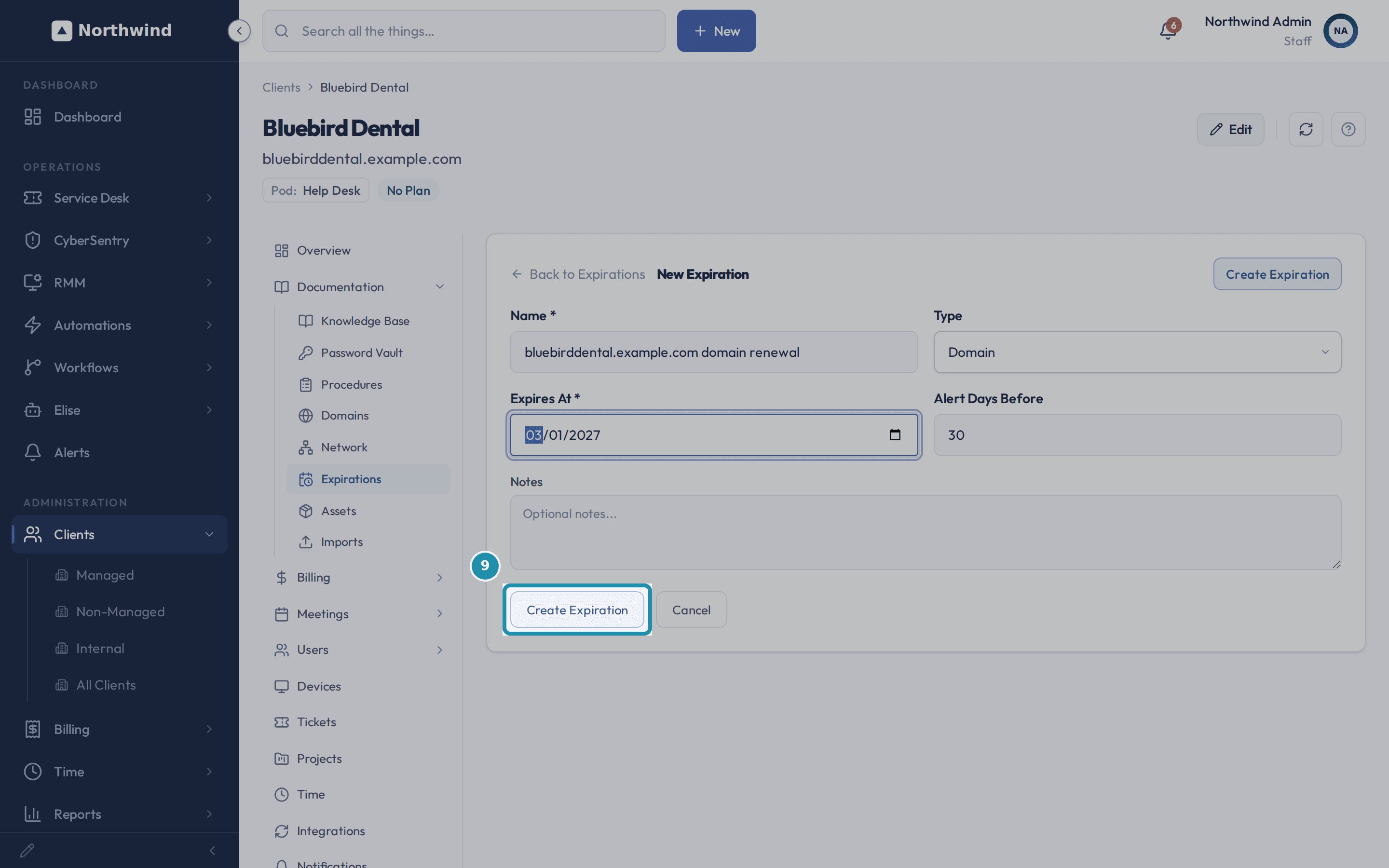 The New Expiration form with Name set to bluebirddental.example.com domain renewal, Type set to Domain, and Expires At set to 03/01/2027, with the Create Expiration button highlighted.