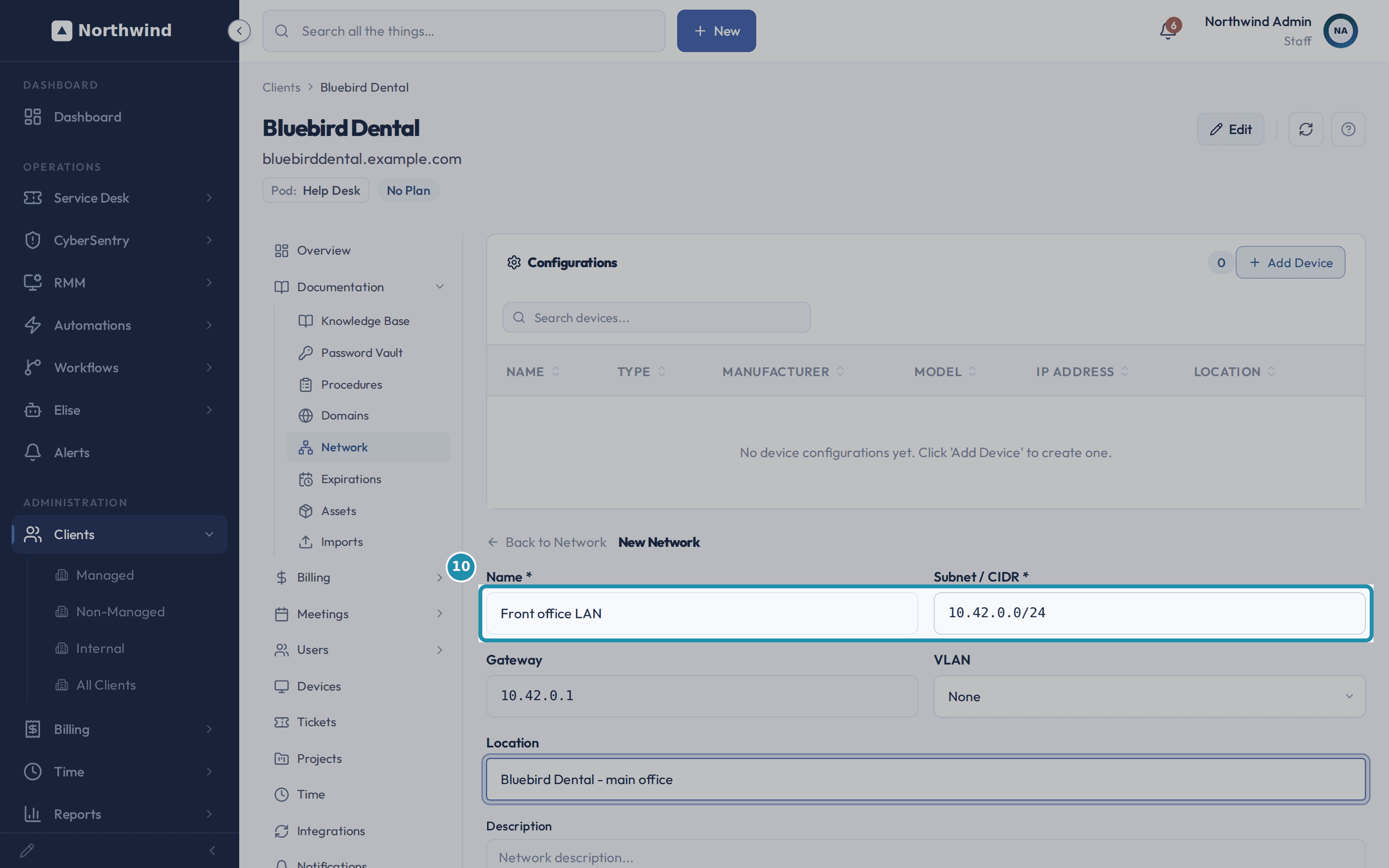 The New Network form with Name set to Front office LAN and Subnet / CIDR set to 10.42.0.0/24, with both fields highlighted.