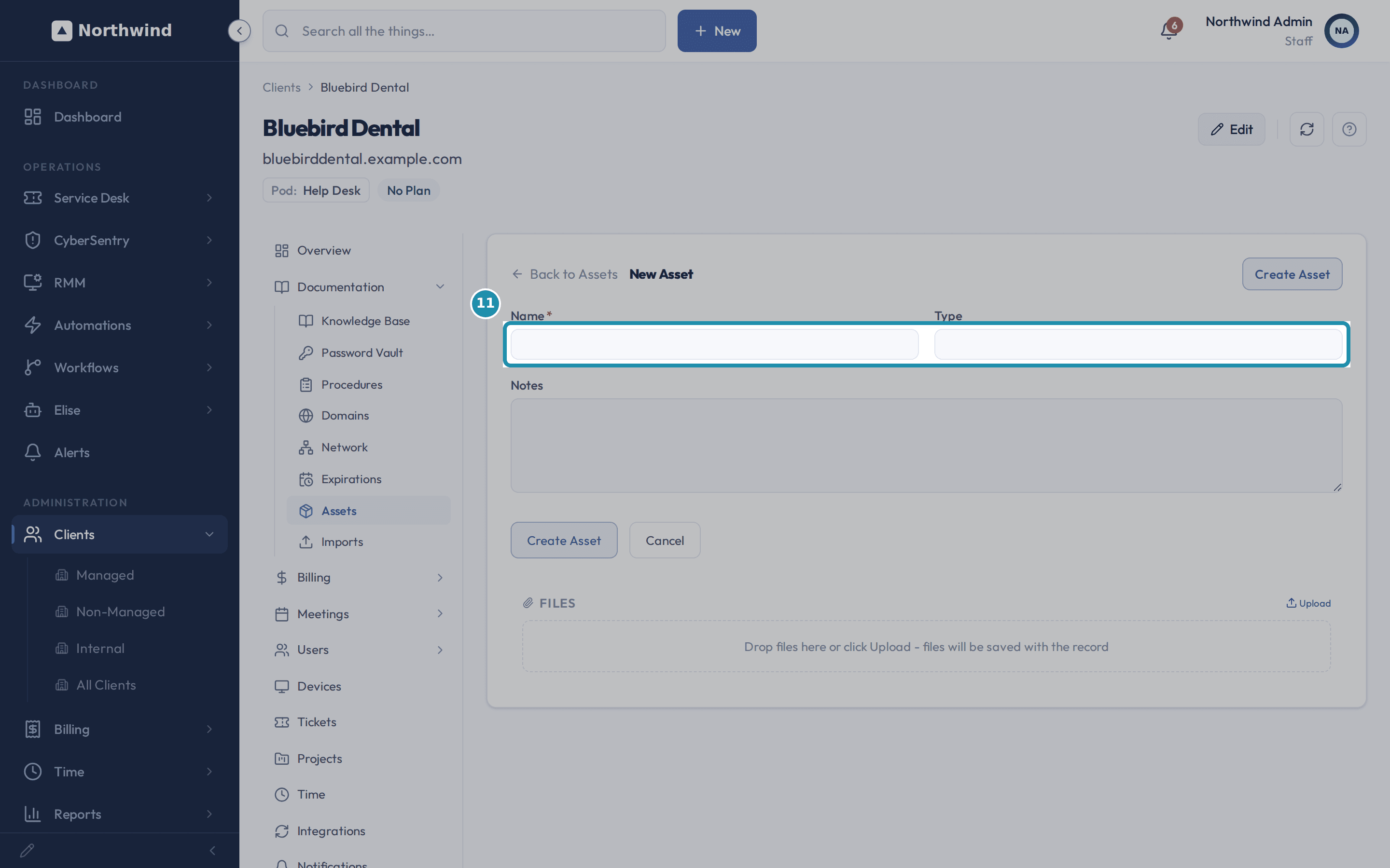 The New Asset form, showing only a Name field and a Type field side by side above a Notes box, both empty.