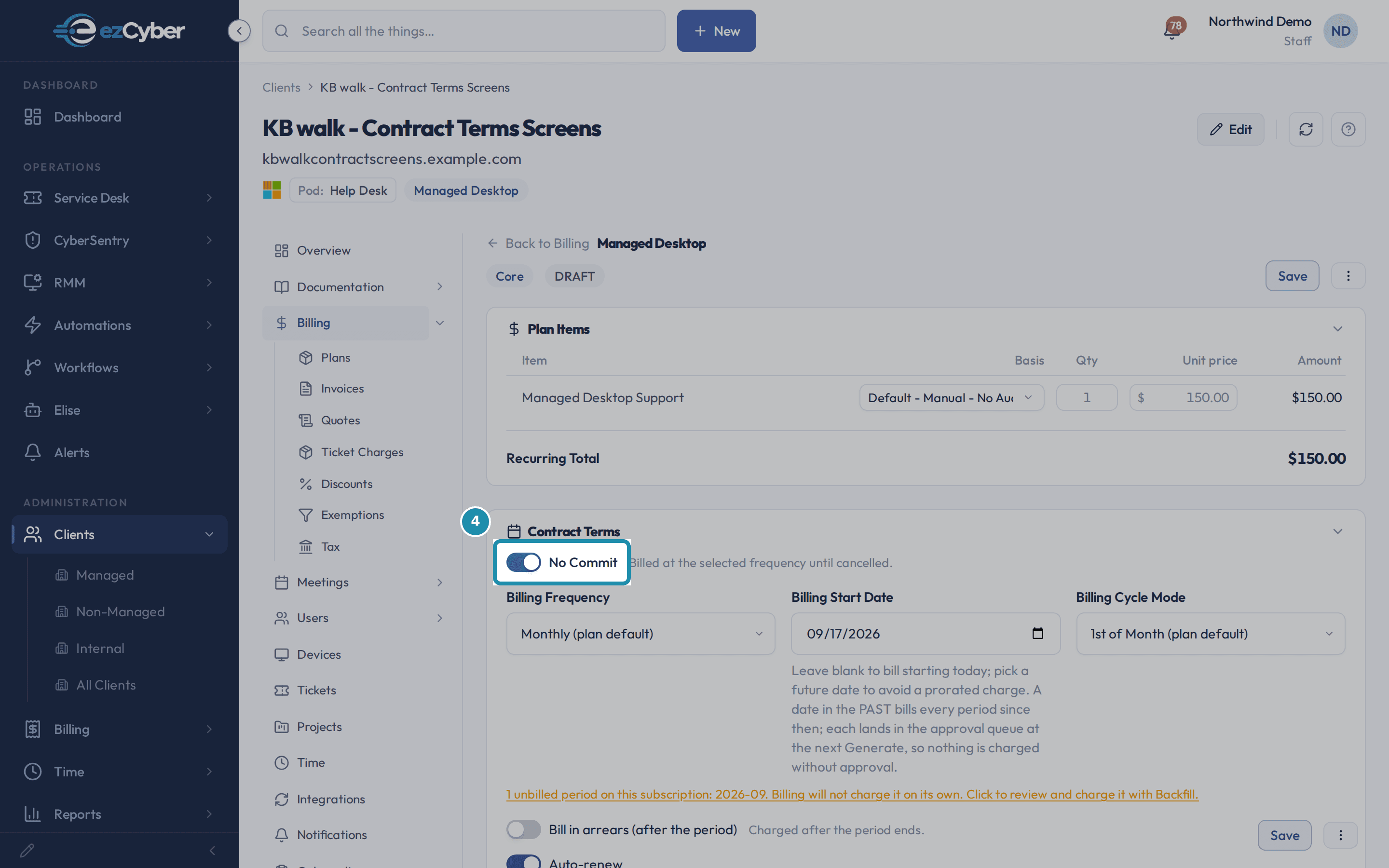 The Edit subscription screen with the No Commit toggle, turned on, called out under Contract Terms.