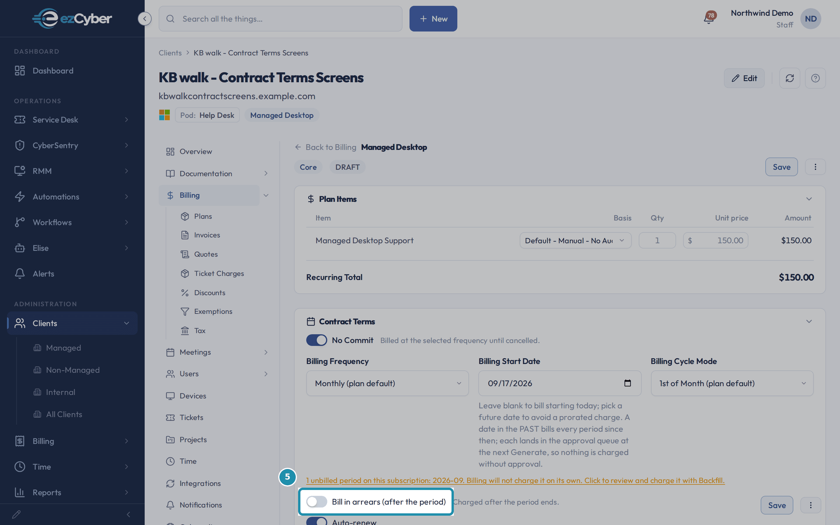 The same Edit subscription screen with the Bill in arrears toggle, off, called out.
