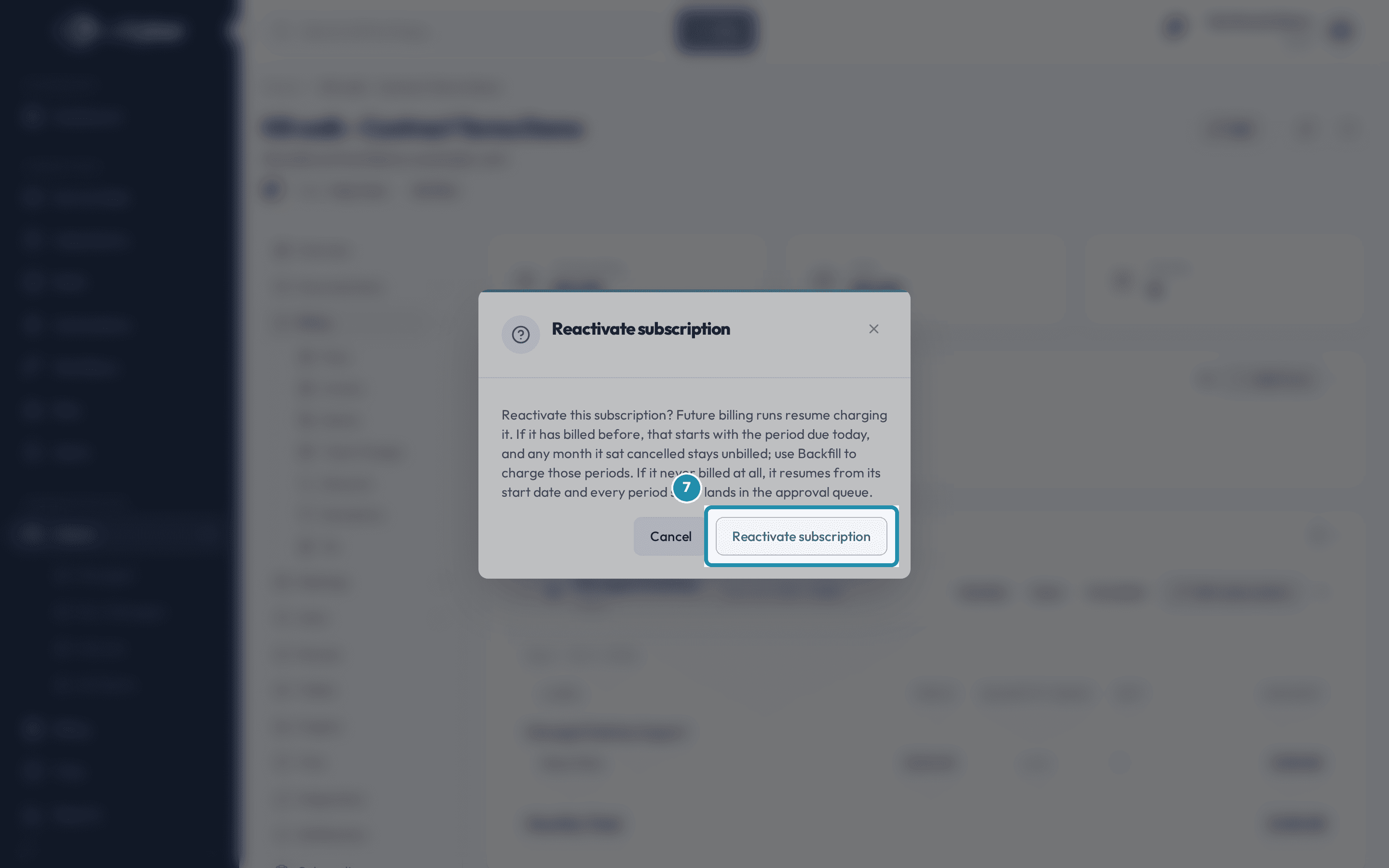 The Reactivate subscription confirm dialog, with its own Reactivate subscription button called out.