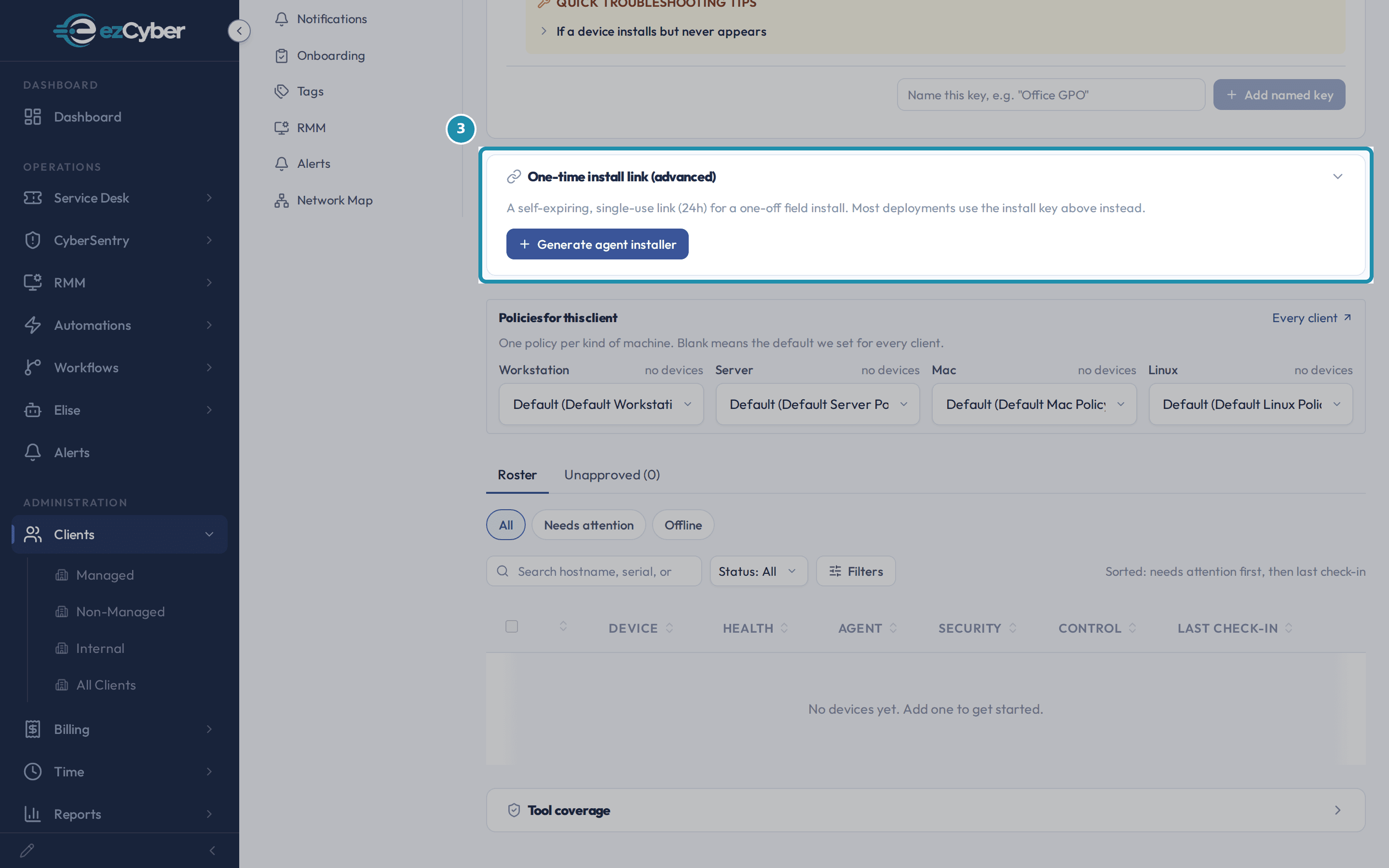 The One-time install link (advanced) panel opened, showing its subtitle and the Generate agent installer button, called out.