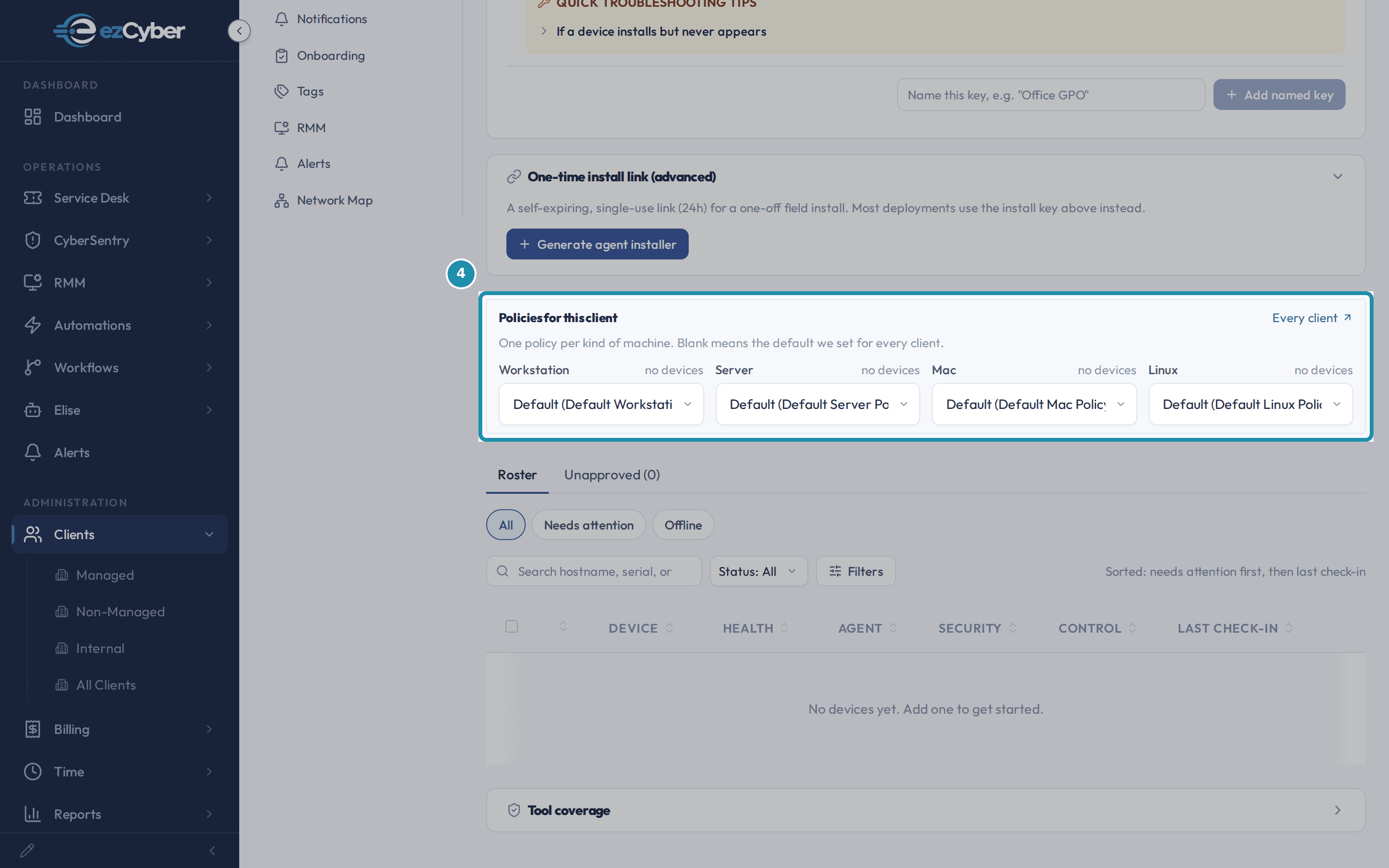 The Policies for this client row with its four device-type pickers and the Every client link, called out.