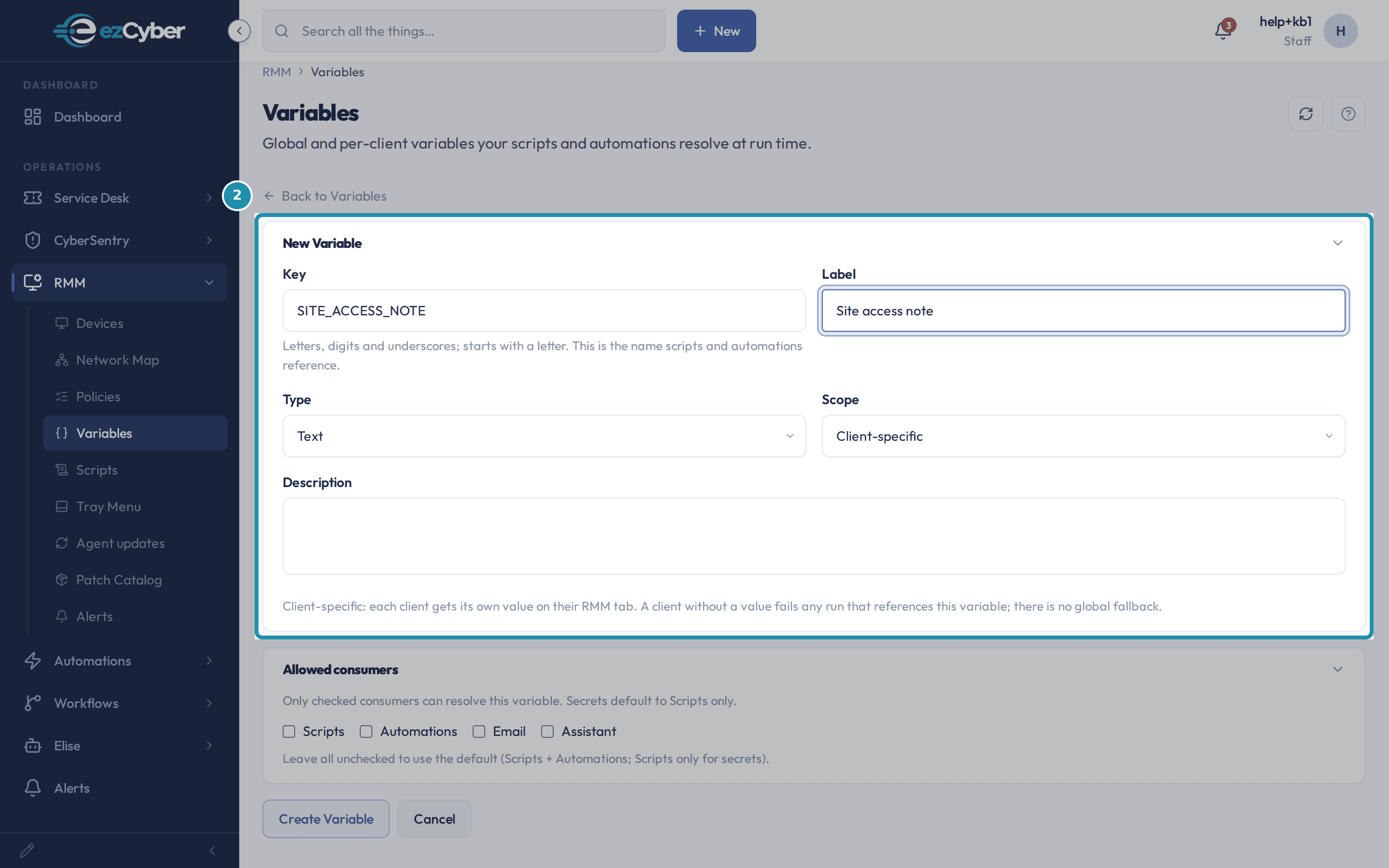 The New Variable form on RMM > Variables with Key set to SITE_ACCESS_NOTE, Label set to "Site access note," and Scope set to Client-specific, called out, with the note reading "each client gets its own value on their RMM tab" underneath.