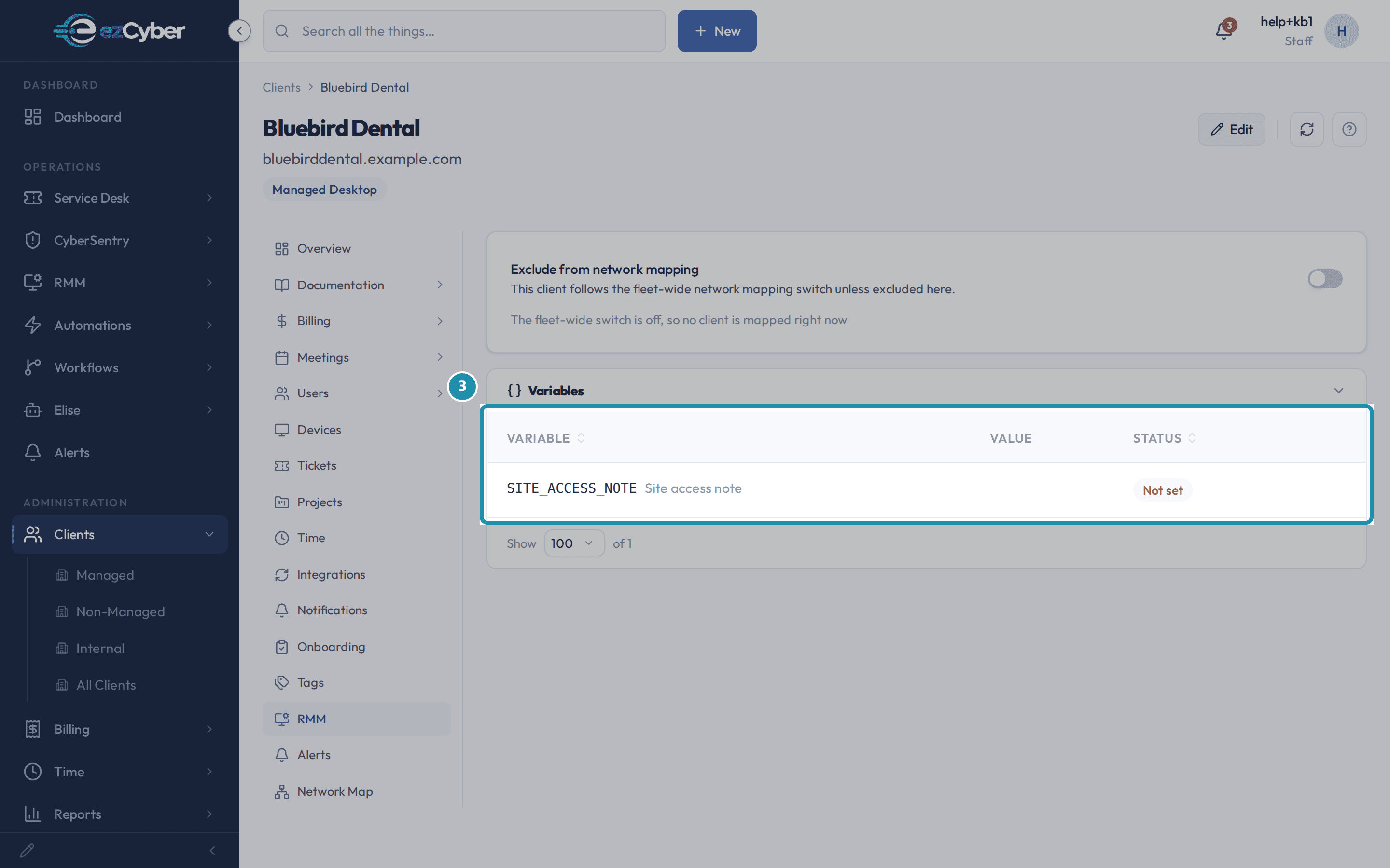 Bluebird Dental's RMM tab with the new SITE_ACCESS_NOTE row and its Not set status badge called out.