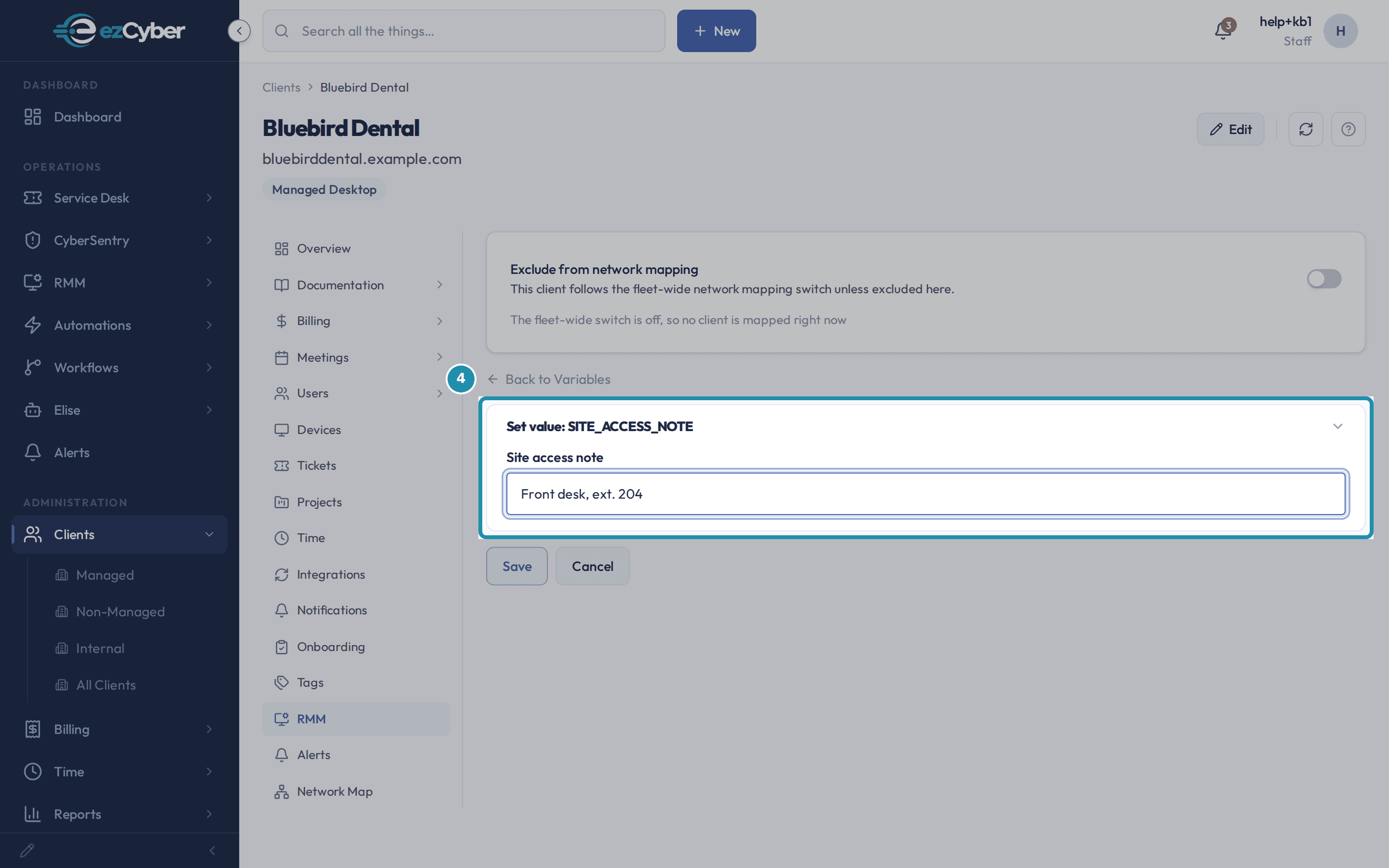 The "Set value: SITE_ACCESS_NOTE" form with "Front desk, ext. 204" typed into the value field, called out, above its Save and Cancel buttons.