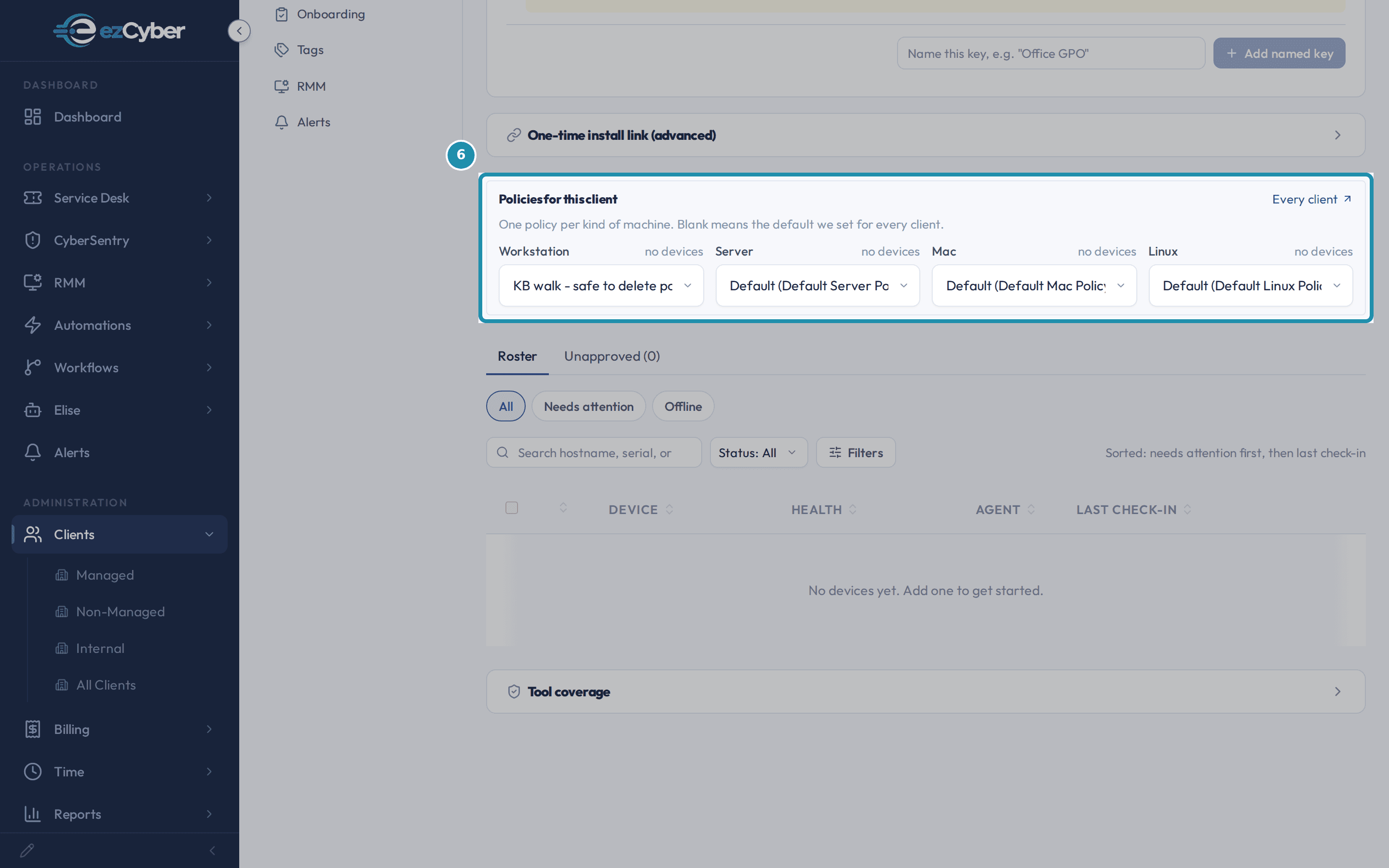 Bluebird Dental's Devices tab with the "Policies for this client" strip called out: Workstation, Server, Mac and Linux pickers, Workstation reading "KB walk - safe to delete policy."